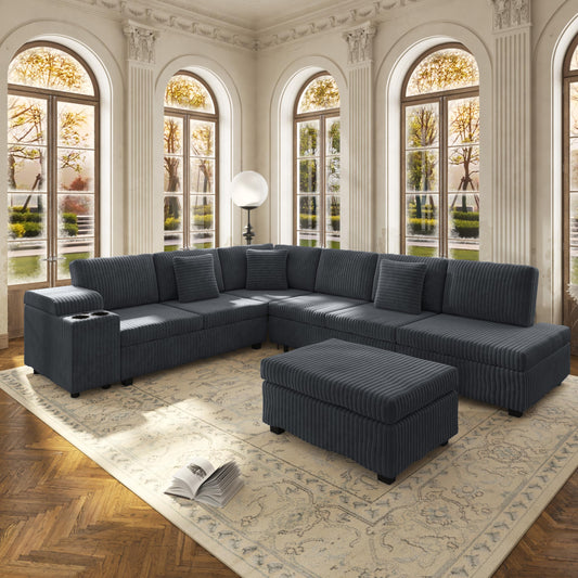 KEIKI 110" L-Shaped Oversized Plush Corduroy Modular Sectional Sofa with Pull-Out Bed, Convertible 6-Seater Sleeper Couch Bed with 1 Ottomans & USB & Cup Holders, Easy Assembly, for Living Room, Gray