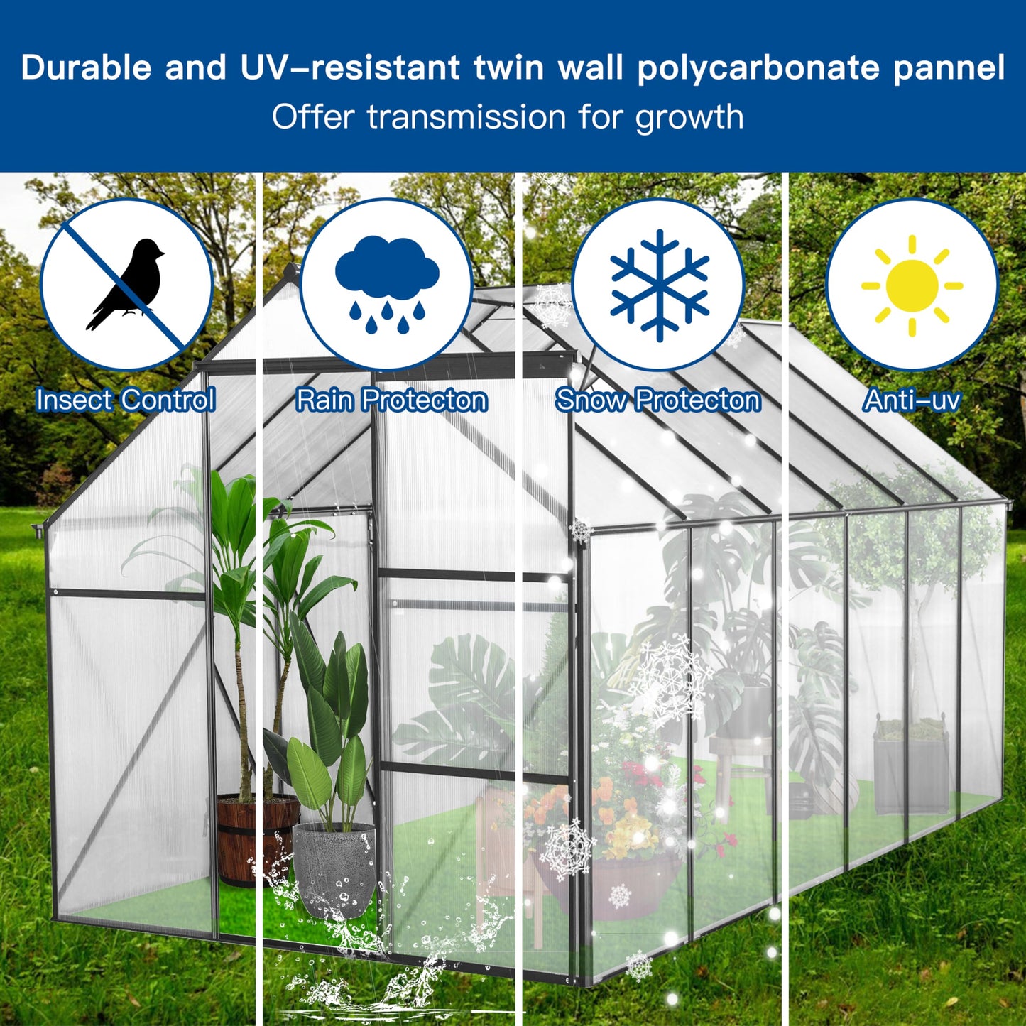 Jintop 6x12 FT Polycarbonate Greenhouse with Raised Base and Anchor Aluminum,Heavy Duty Walk-in Green Houses,w/ Drainage System & Adjustable Roof/Sliding Door,for Outdoor Backyard,Black