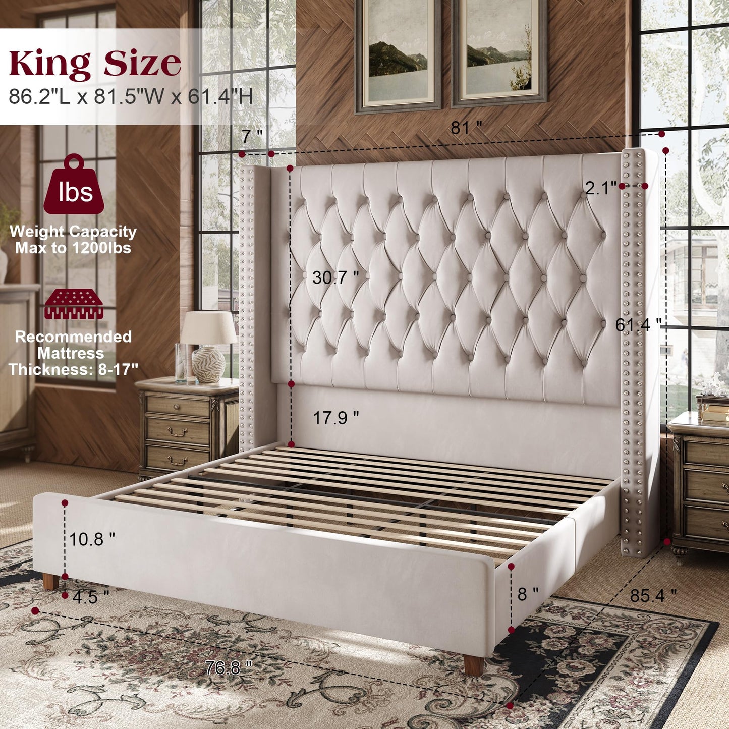 PaPaJet King Bed Frame with 61.4" Tall Wingback Headboard, Velvet Upholstered Platform Bed, No Box Spring Needed, Noise-Free&Easy Assembly, for Family with Kids/Pets & Luxury Home, Cream