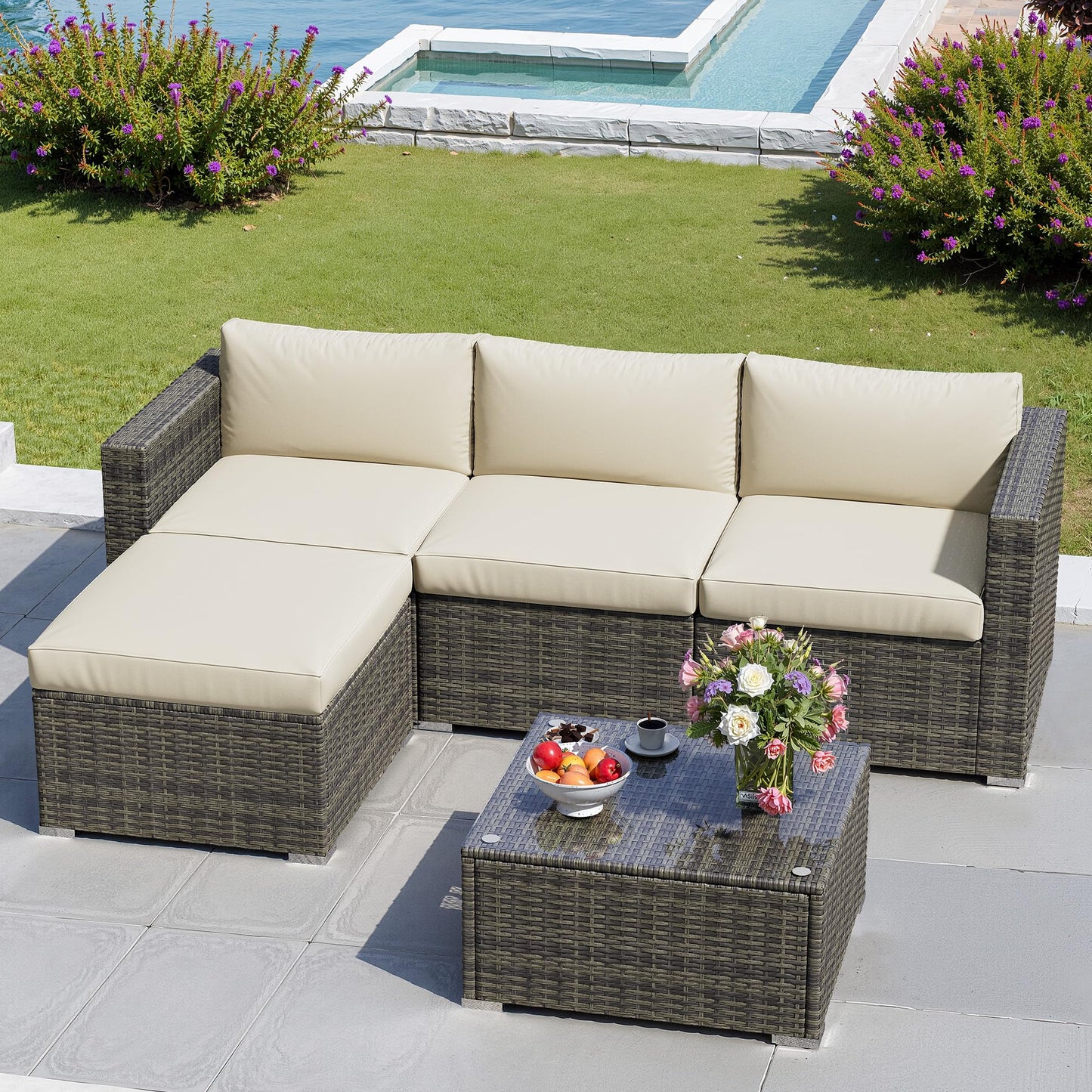 5 Pieces Outdoor Patio Furniture Set, Patio Sectional Furniture Set, All-Weather Wicker Rattan Patio Conversation Set with Washable Thick Cushions and Coffee Table, Outdoor Patio Sofa Couch Set, Beige