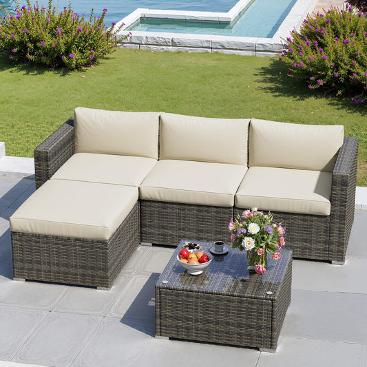 5 Pieces Outdoor Patio Furniture Set, Patio Sectional Furniture Set, All-Weather Wicker Rattan Patio Conversation Set with Washable Thick Cushions and Coffee Table, Outdoor Patio Sofa Couch Set, Beige
