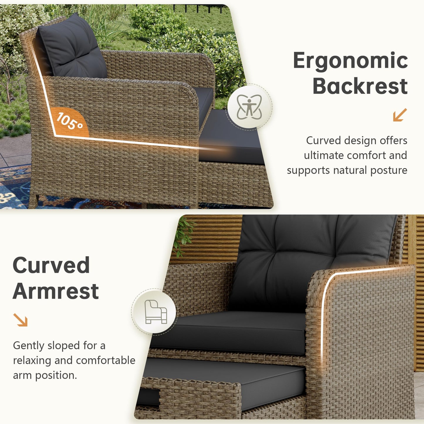 LHBcraft 5 Piece Outdoor Furniture Set, PE Rattan Balcony Furniture with Soft Cushions, Patio Set 2 Ottoman & Table for Porch, Lawn, Garden, Black
