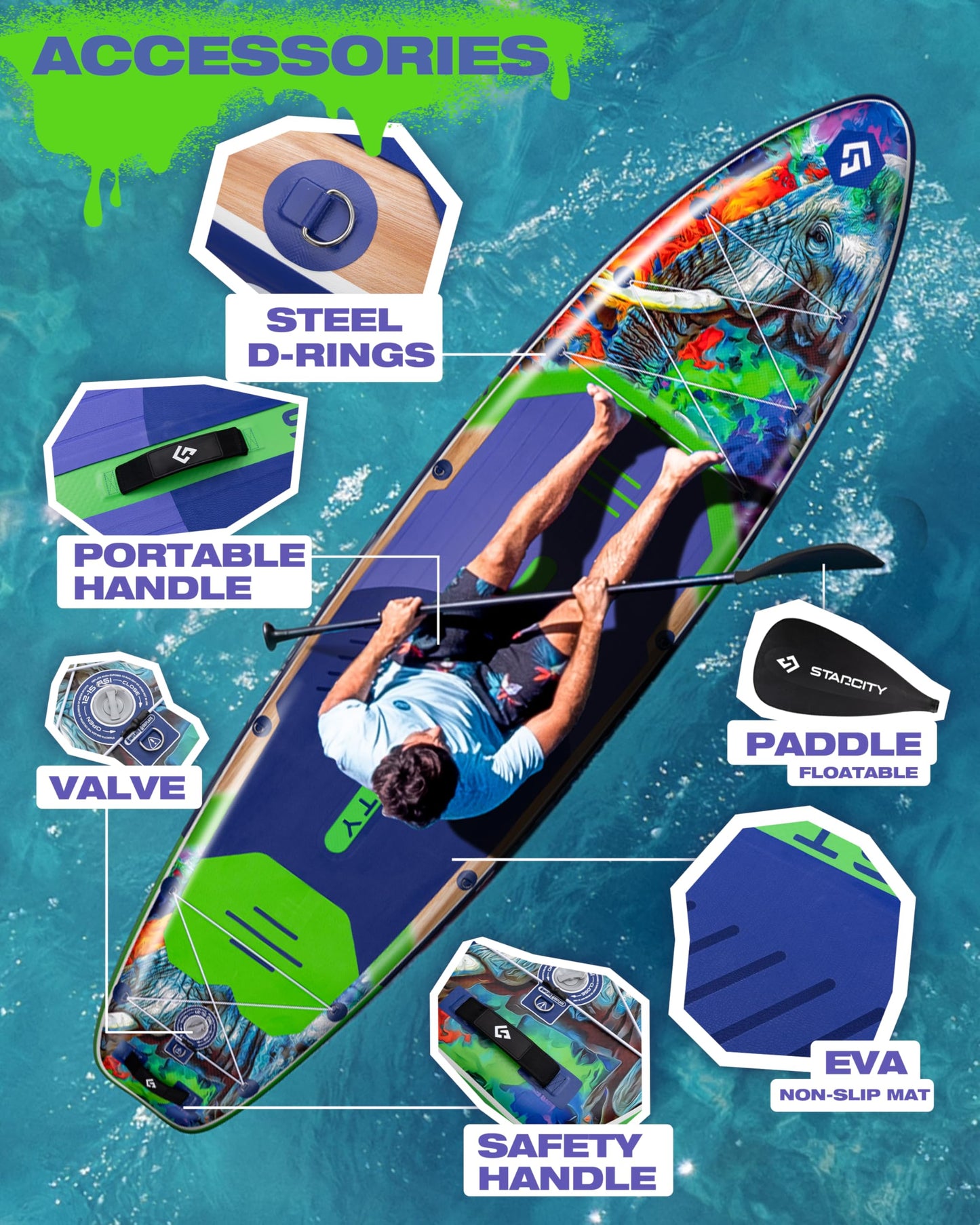 Starcity Inflatable Stand Up Paddleboard Extra Wide Responsive Tracking High Load Design 450 Pound Capacity 11'6"35" 6" for Lake Ocean Touring W/Complete Accessories Family Friendly Beginners