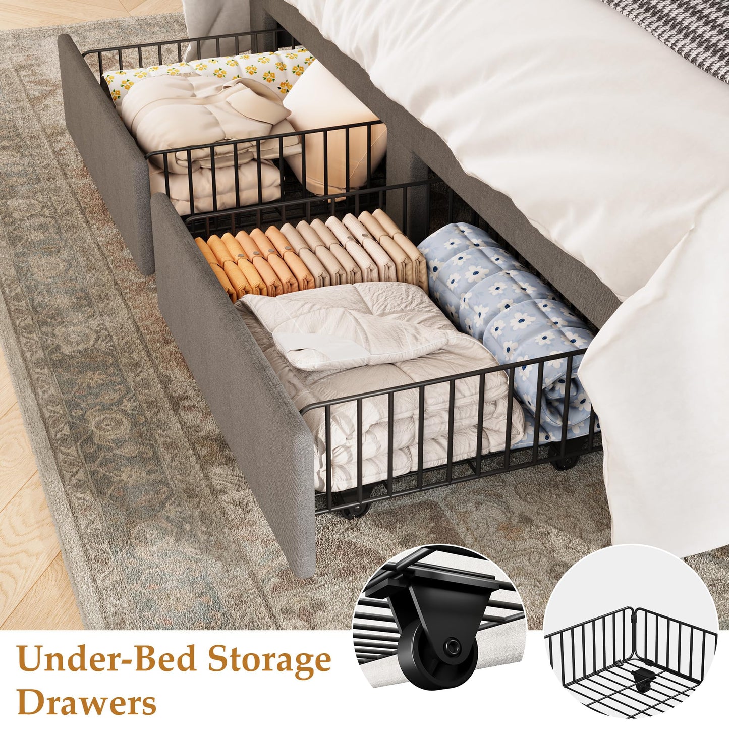 IDEALHOUSE Queen Bed Frame with Wingback Headboard, Velvet Upholstered Platform Bed with 2 Storage Drawers, Vertical Tufted Headboard Design, Wooden Slats Support, No Box Spring Needed, Grey