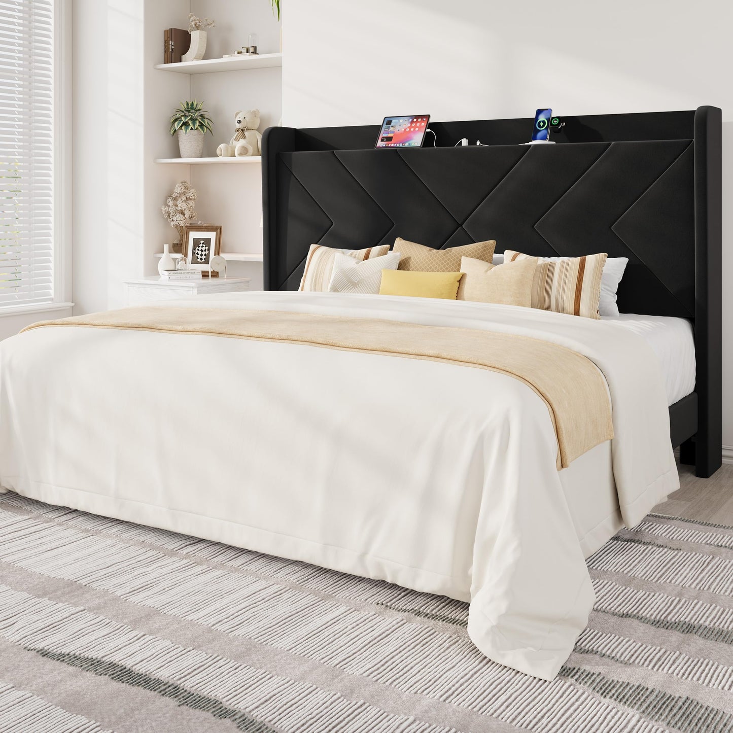 Allewie King Size Platform Bed Frame with Charging Station and Storage Shelf/Upholstered Velvet Wingback Headboard/Wooden Slats Support/No Box Spring Needed/Easy Assembly, Black