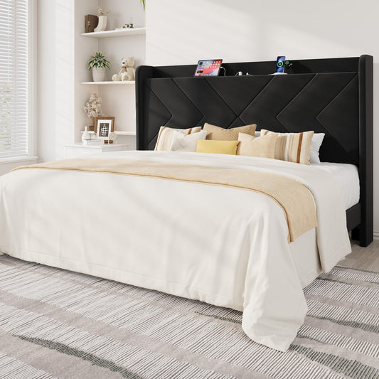 Allewie King Size Platform Bed Frame with Charging Station and Storage Shelf/Upholstered Velvet Wingback Headboard/Wooden Slats Support/No Box Spring Needed/Easy Assembly, Black