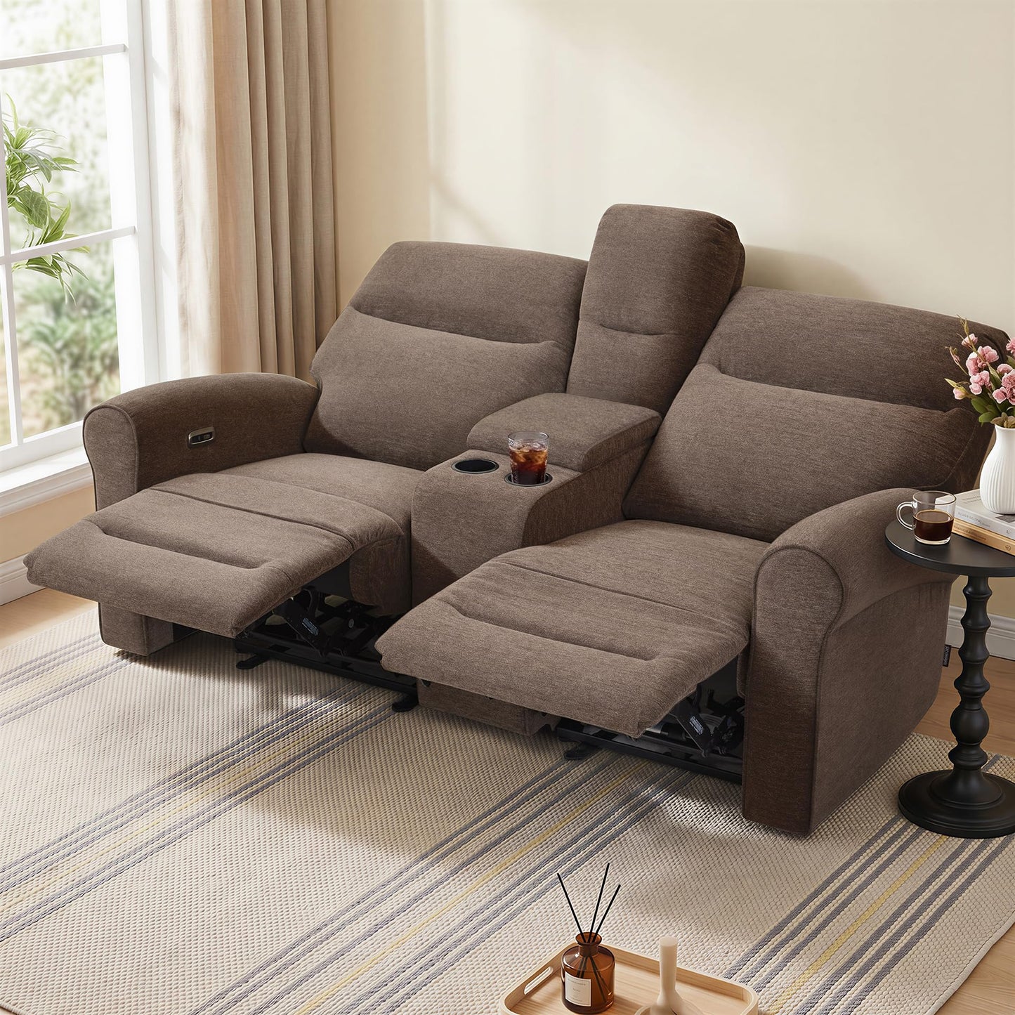 MCombo 78.3" Wall Hugger Power Loveseat Recliner Sofa with Console, Reclining Loveseat with USB Ports, Cup Holders, for Small Spaces Living Room RV, Fabric PR635M2 (Dark Brown)