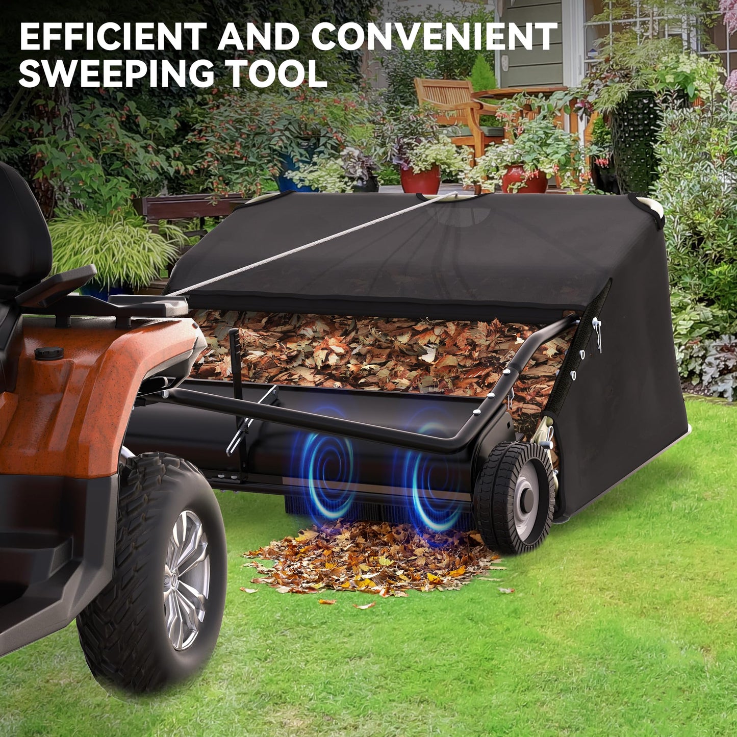 AUTOSAVER88 48" Tow Behind Lawn Sweeper, 25 cu. ft Capacity Pull Behind Lawn Sweeper, Leaf & Grass Collector with Adjustable Sweeping Height and Dumping Rope Design for Yard Lawn