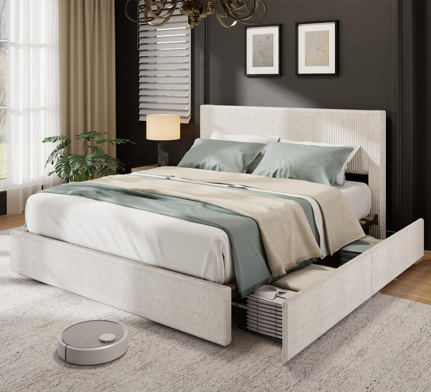 IDEALHOUSE Full Size Bed Frame with Tufted Wingback Headboard, Platform Corduroy Upholstered Bed Frame with 4 Storage Drawers and Wooden Slats Support, No Box Spring Needed, Beige