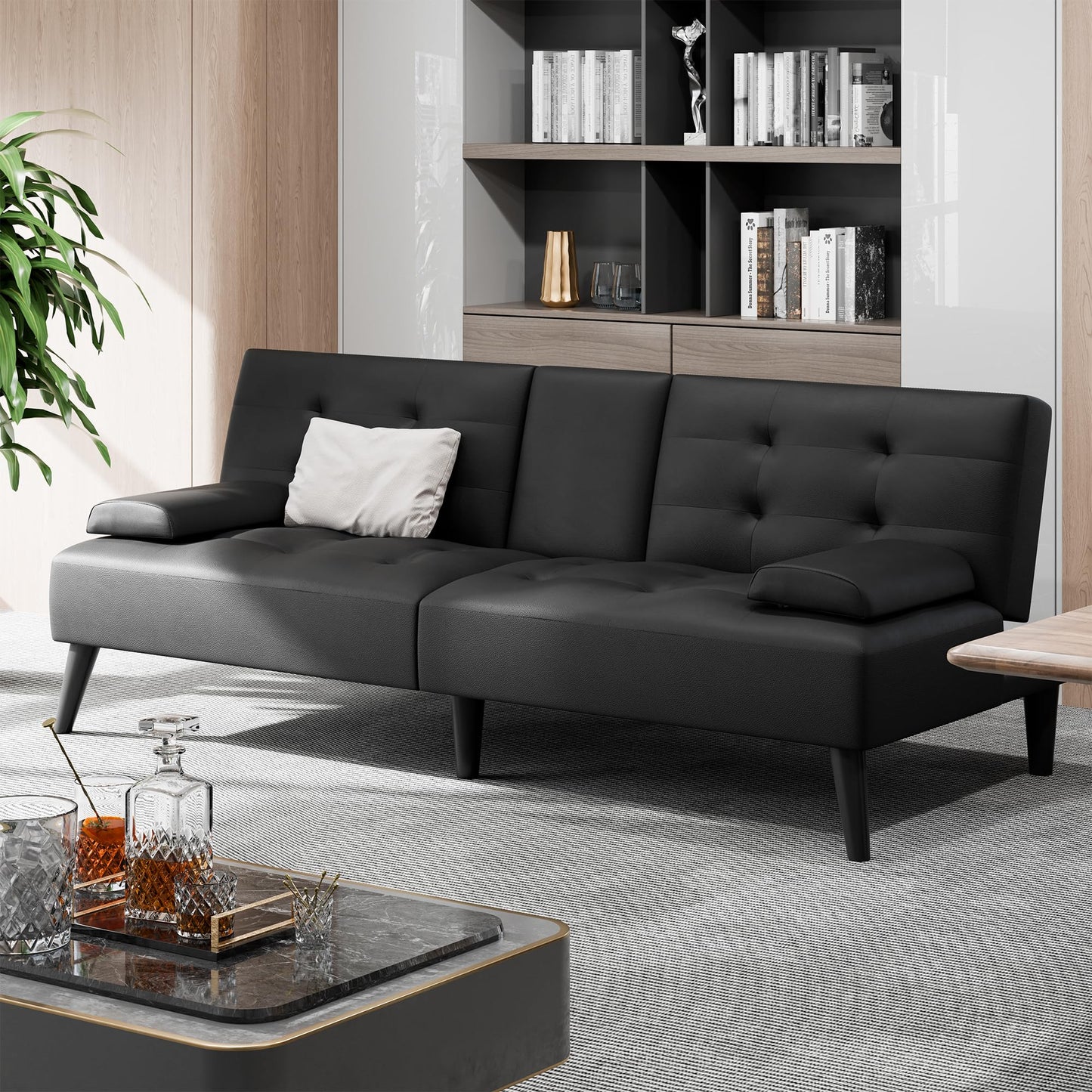 Shintenchi Futon Sofa Bed, Leather Foldable Futon Couch, Reclining Sleeper with Removable Armrests, Upholstered Loveseat Sofa Couch with Folding Cup Holders for Home, Office(Black)
