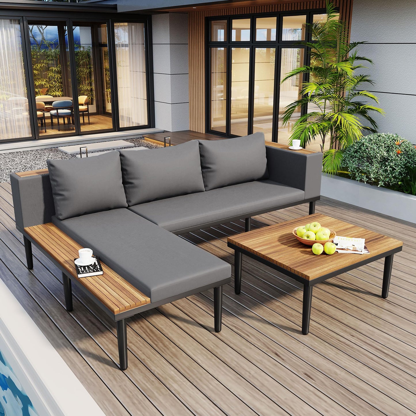 Luxury 4-Piece L-Shaped Outdoor Patio Sofa Set with Acacia Wood Side & Coffee Table, Removable Cushions & Pillows, Metal Frame, Comfortable Modular Conversation Sectional for Backyard, Porch, Gray