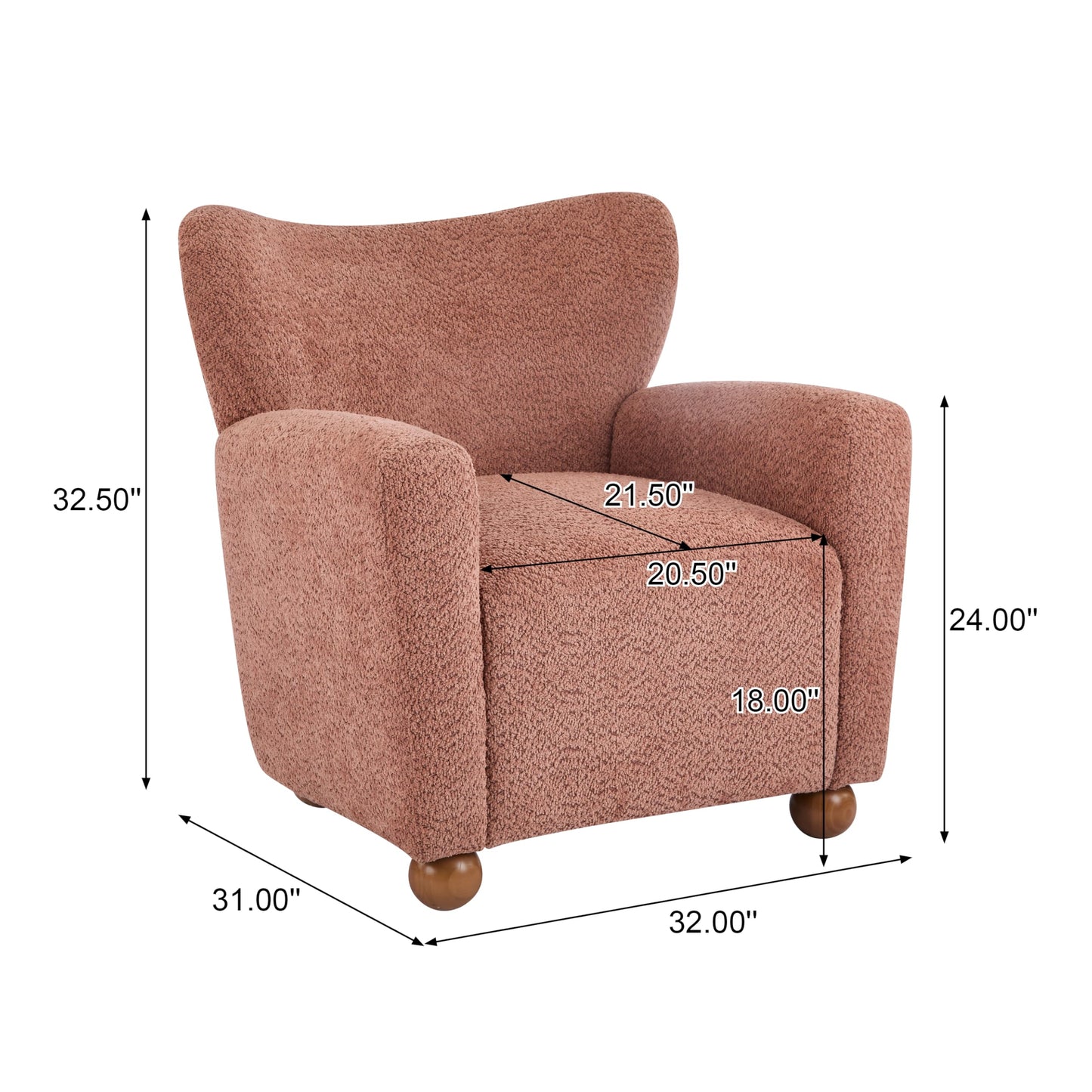 Christopher Knight Home Lindy Wingback Accent Chair, Upholstered Armchair with Rounded Wooden Legs, Curved Backrest Single Sofa, Soft Cushion Seating, Comfy Lounge Chair for Living Room, Dusty Coral