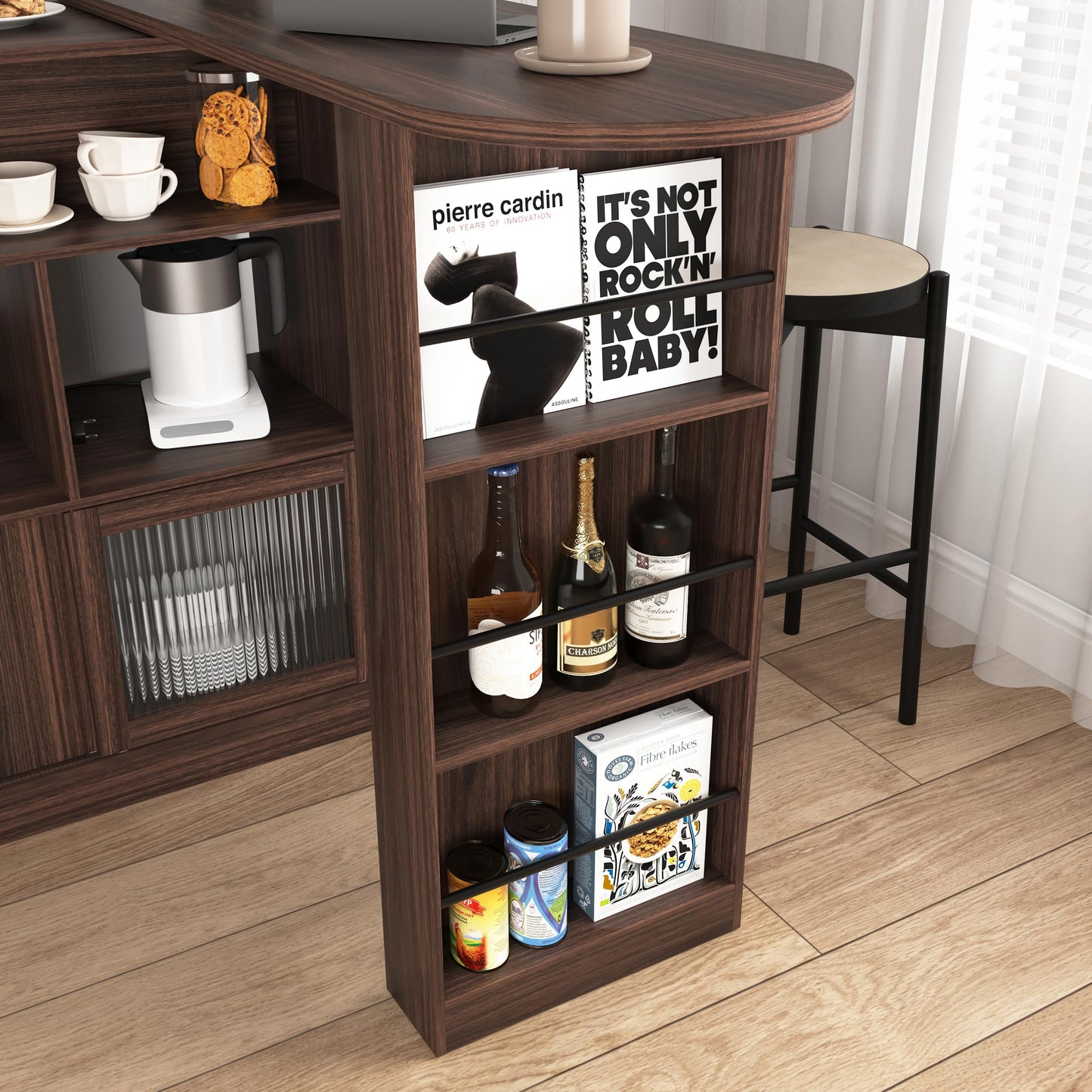KEIKI 360° Rotating and Extendable Bar Table, Modern Bar Cabinet with Rotating Top, Storage Space, Ribbed Glass Doors, Counter Height Dining Cabinet for Apartment, Dining Room, Living Room, Walnut