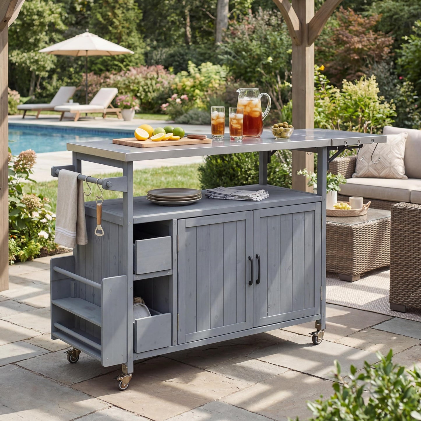 Christopher Knight Home Edsel Outdoor Bar Cart with Stainless Steel Top and Lockable Wheels, Solid Wood Outdoor Storage Cabinet, Kitchen Island Serving Cart for Poolside, Garden, Blue Gray
