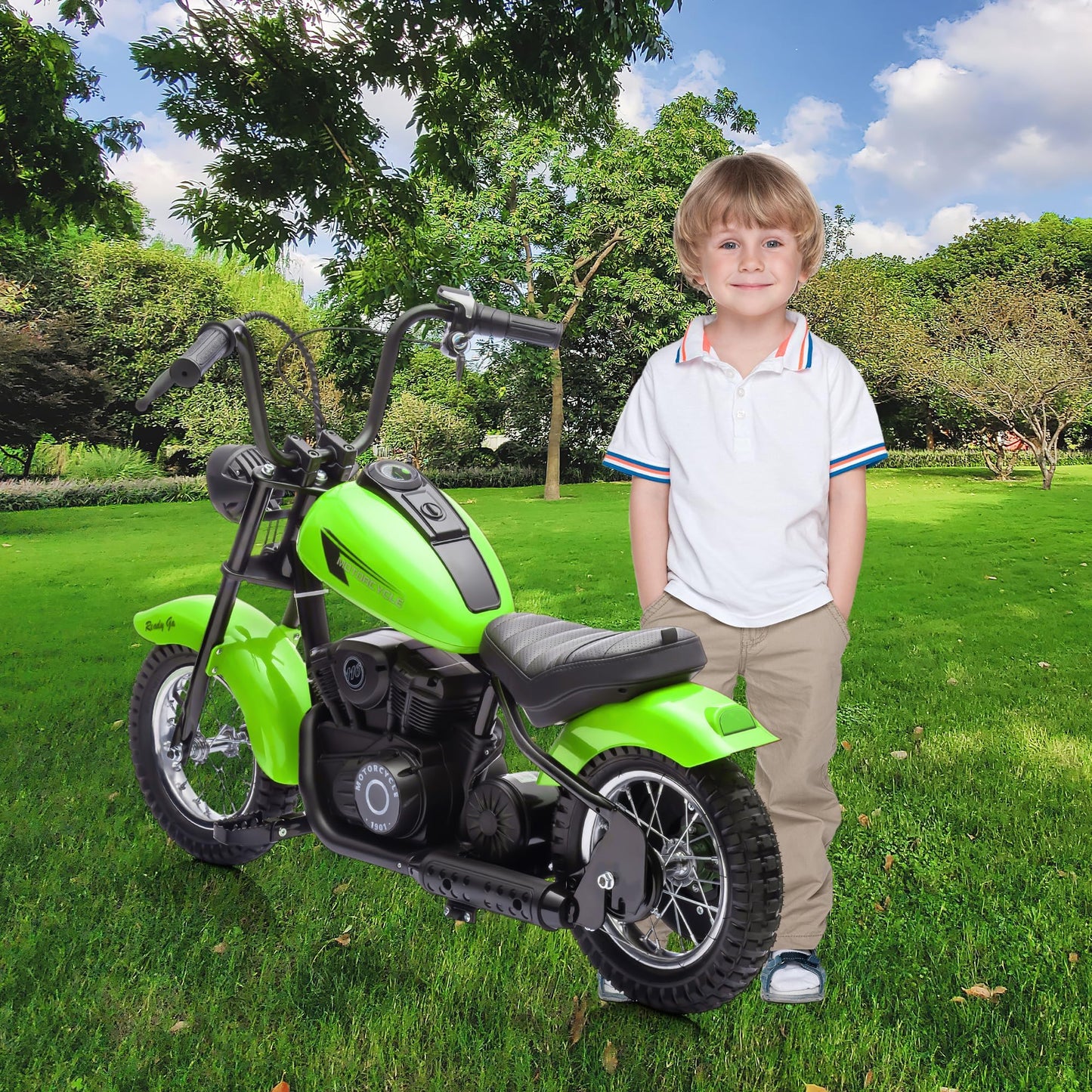 Electric Dirt Bike for Kids 24V, 150lb Max Weight & 15mph, Chain Driven Motor w/12'' Air Filled Tires, Handbrake & Shock Absorbers, LED Lights, Power Display Ride On Toy for Boys & Girls