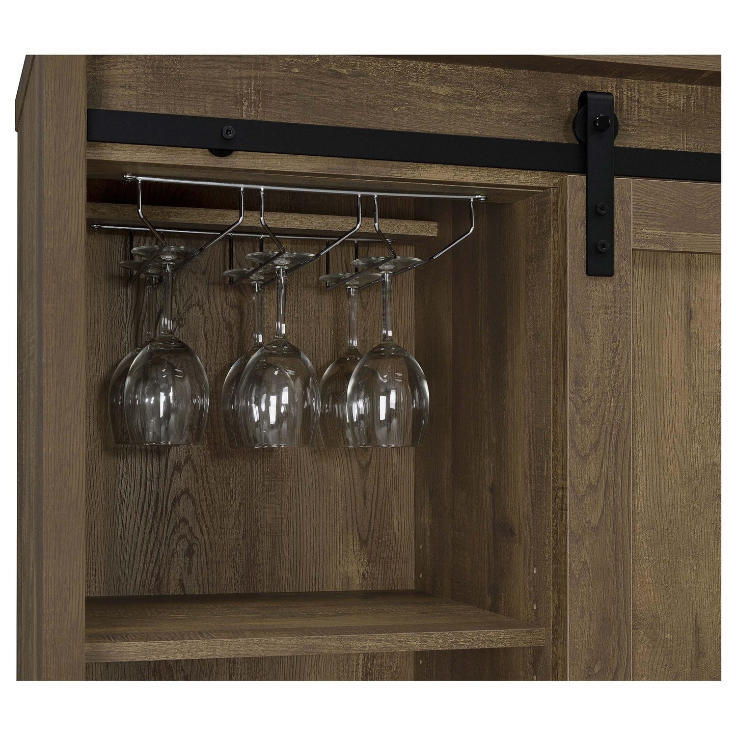 Coaster Home Furnishings Arlington Sliding Barn Door Home Bar Wine Cabinet, Rustic Farmhouse Liquor Cabinet with 3 Shelves, Stemware Rack, and Wine Racks, Oak