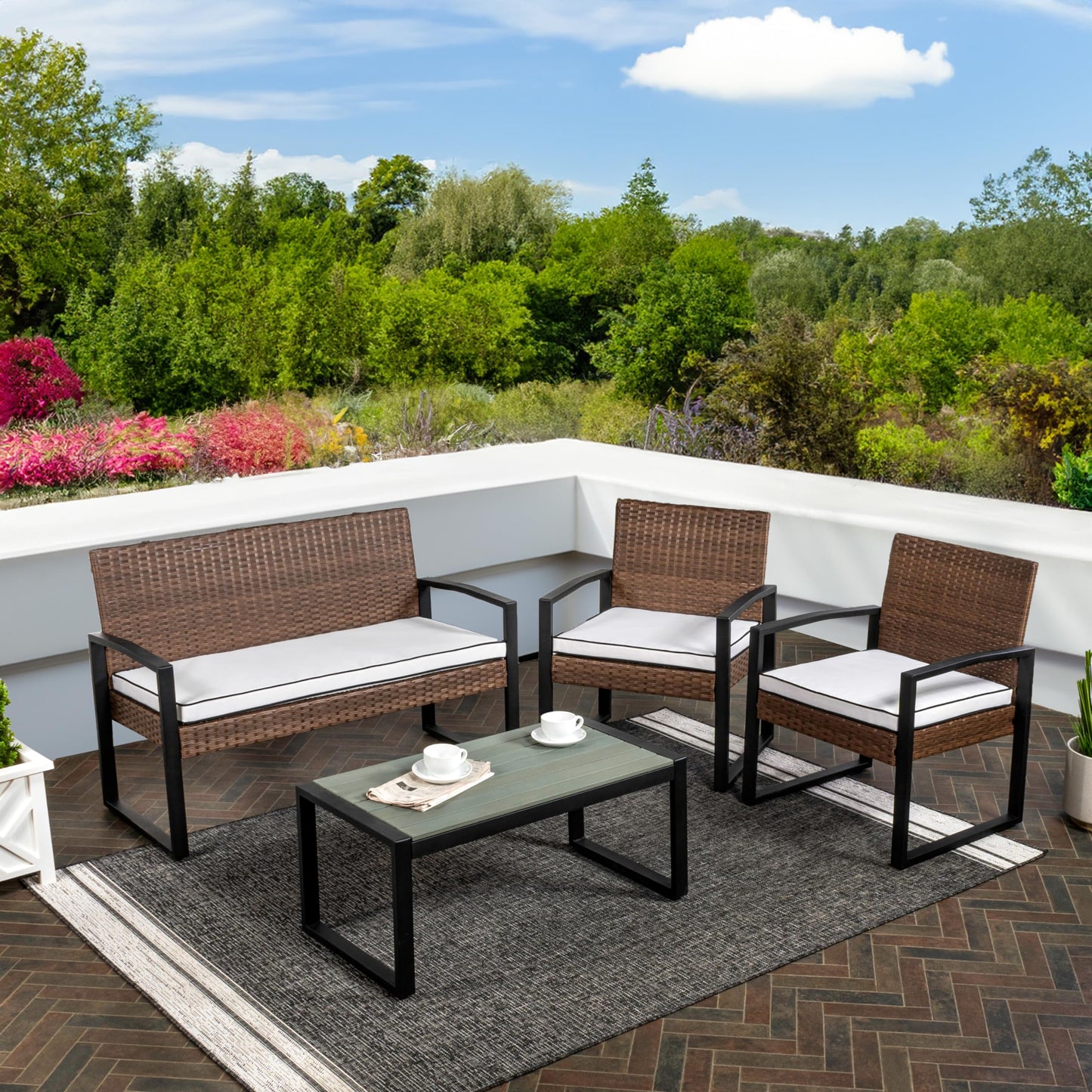 JONATHAN Y Elina 4-Piece Steel Frame PE Rattan Outdoor Patio Set, Modern Wicker Conversation Furniture with Cushions and Acacia Wood Coffee Table for Backyard, Porch and Poolside, Brown LVG1102B-4SET