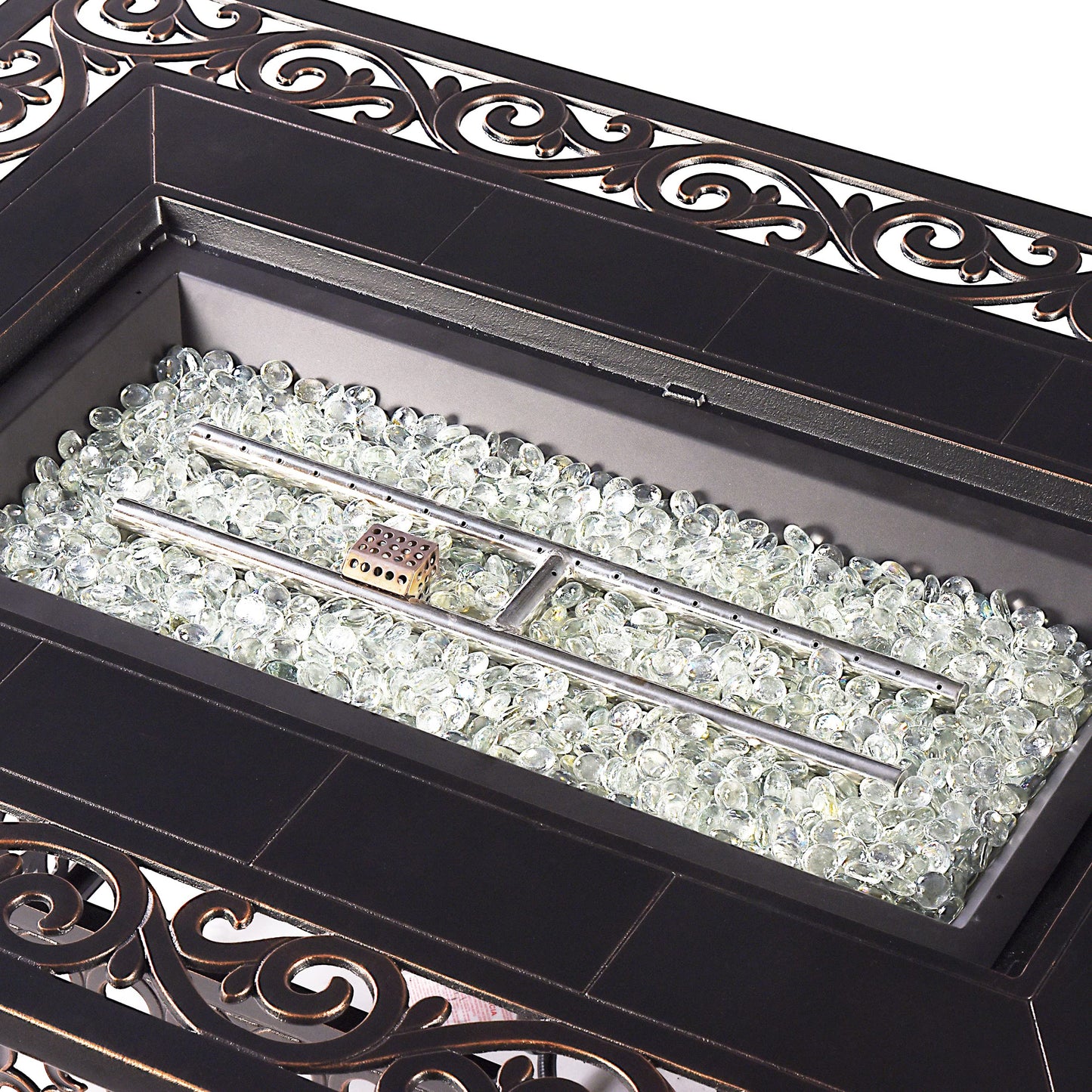 Oakland Living Rectangular 48 in. x 36 in. Aluminum Propane Black Fire Pit Table with Fire Beads, Lid, Propane Tank Cover and Table Fabric Covers, 57,0000 BTU in Copper Finish