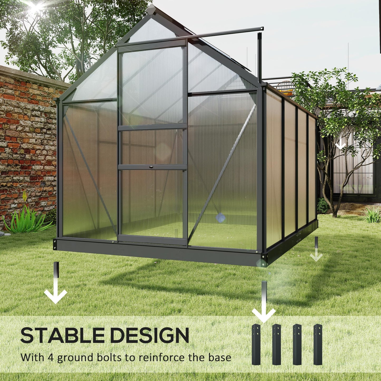 Outsunny 6' x 8' Greenhouse for Outdoors, Polycarbonate Greenhouse with Rain Gutter and Roof Vent, Aluminum Walk-in Green Houses with Push Door for Outside for Patio Backyard Garden, Gray