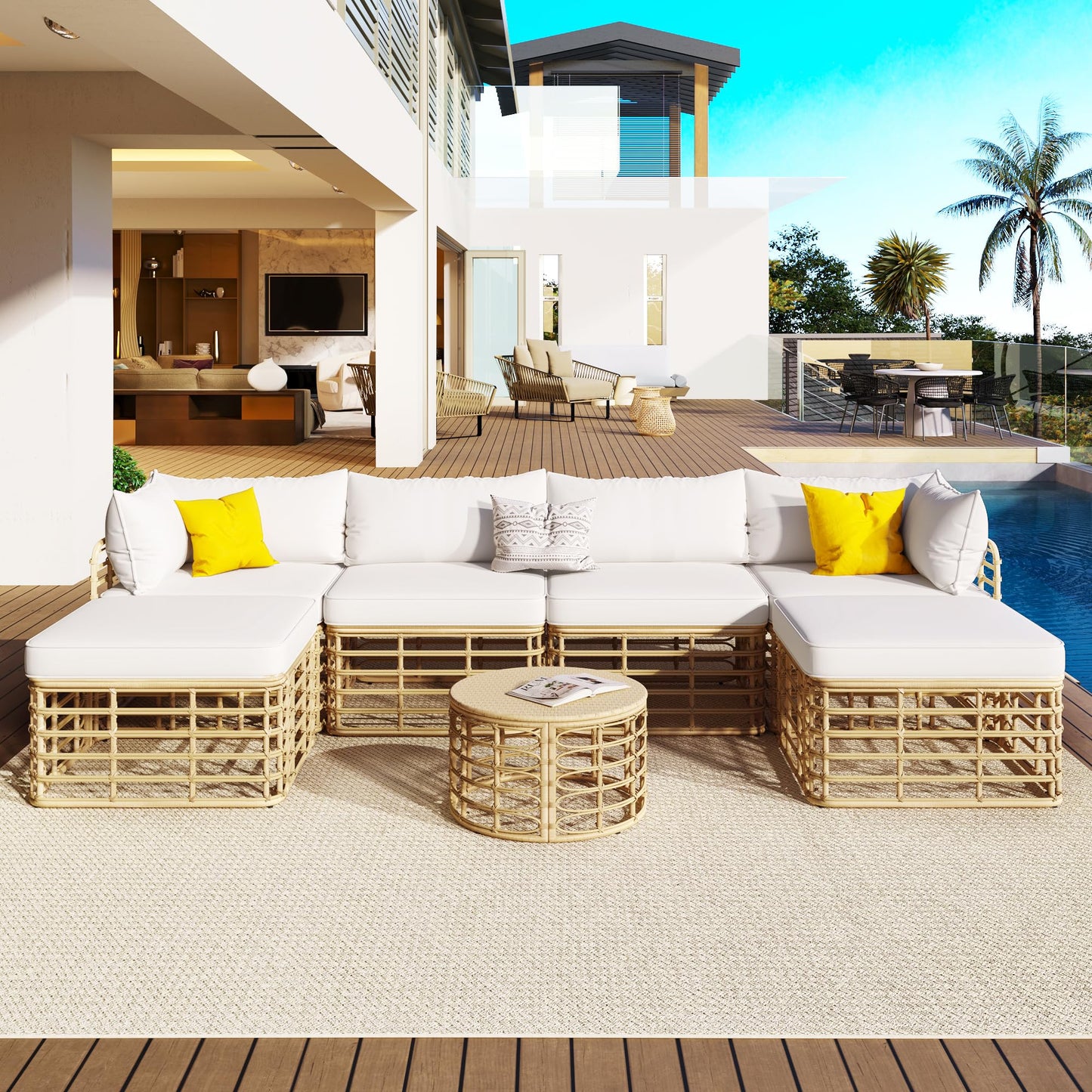 7 Pieces Outdoor Patio Rattan Sectional Sofa Set, Beige All-Weather Wicker Conversation Furniture with Thick Cushions, Modular Garden Seating, Freely Combined Lounge Set with Round Coffee Table