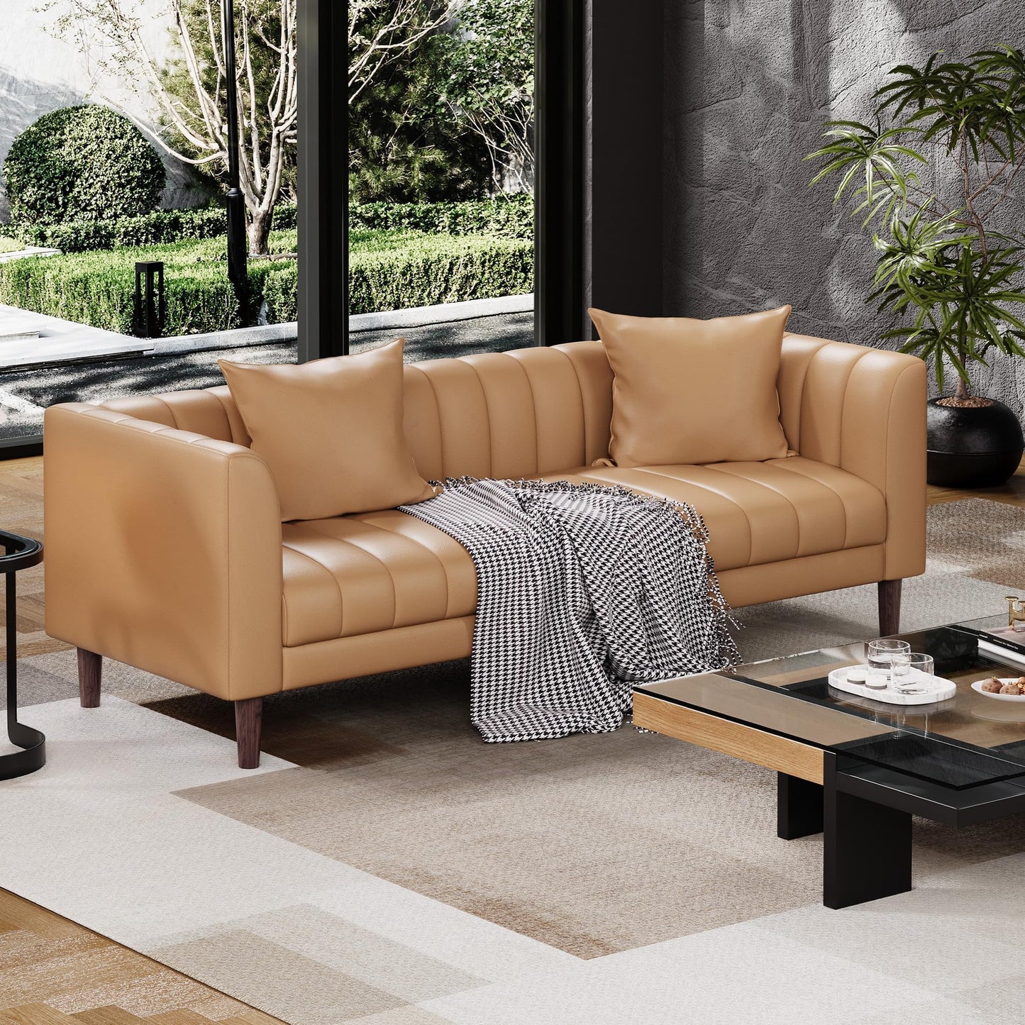 IDEALHOUSE 83" W Faux Leather Sofa Couch for Living Room, Modern 3 Seater Sofa Couch with Deep Seats, 2 Throw Pillows and Wood Legs, for Small Space, Bedroom, Apartment, Home Office, Brown