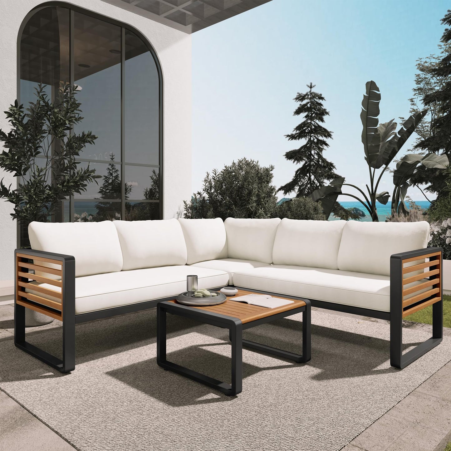 4 Pieces Outdoor Patio Conservation Set, Metal and Wood Frame Sectional L-Shaped Sofa with Soft Cushion and a Coffee Tables for Garden, Backyard, Porch and Deck, Beige