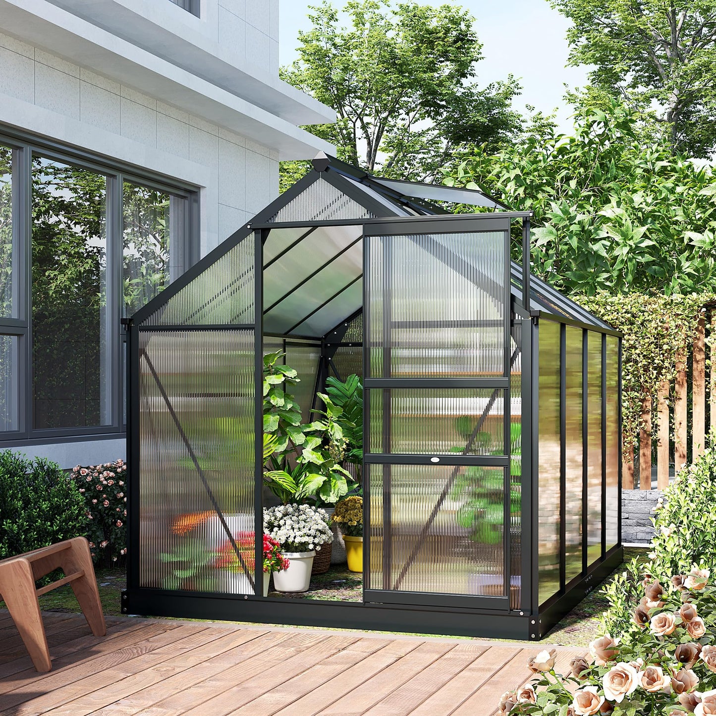 Outsunny 6' x 8' Greenhouse for Outdoors, Polycarbonate Greenhouse with Rain Gutter and Roof Vent, Aluminum Walk-in Green Houses with Push Door for Outside for Patio Backyard Garden, Gray