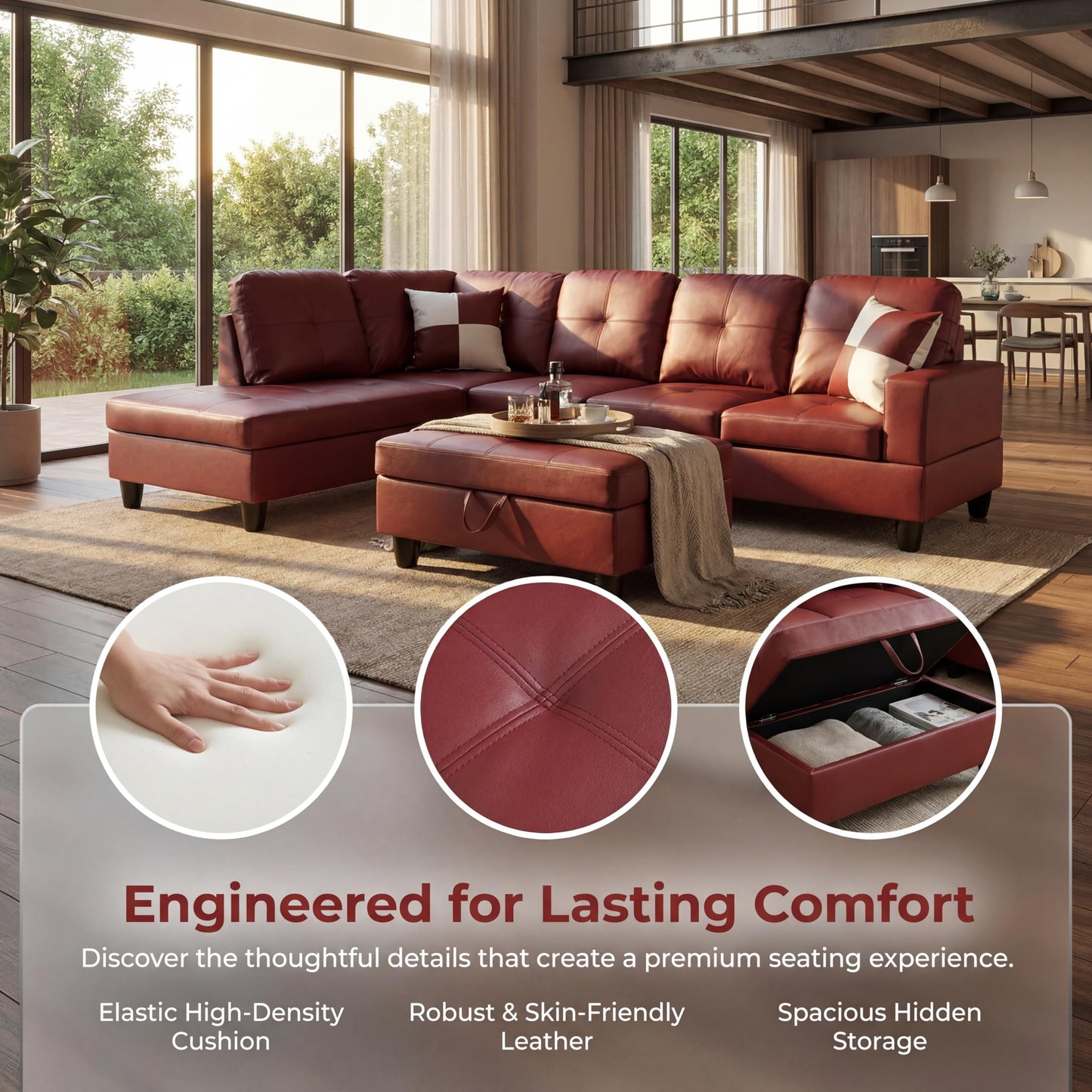 Topcomfy Leather L Shaped Sectional Couches for Living Room - 97.5“ x 66.5" Modular Sectional Sofa with Storage Ottoman, 4 Seat Home Sofa Living Room Furniture Sets with Chaise for Apartment, Brown