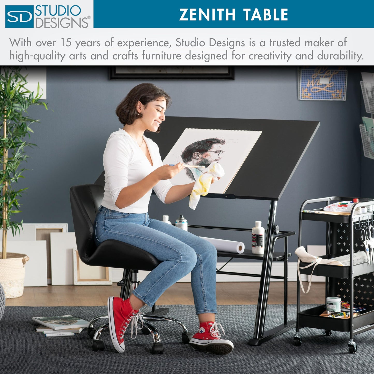 Studio Designs Zenith Height Adjustable Drafting Table with Shelf in Black, 42" W X 30" D