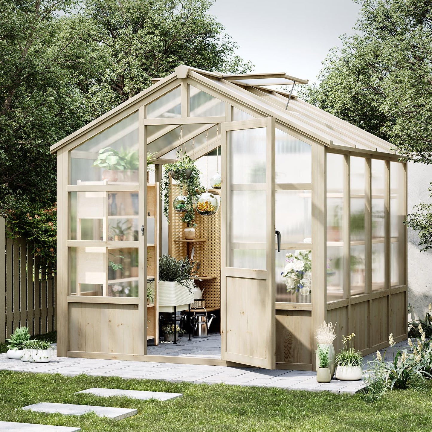 8x8FT Wooden Greenhouse, Greenhouses with Lockable Door, Wood Frame & Adjustable Vent, Greenhouse with for Outdoor, Garden, Yard, Light Brown
