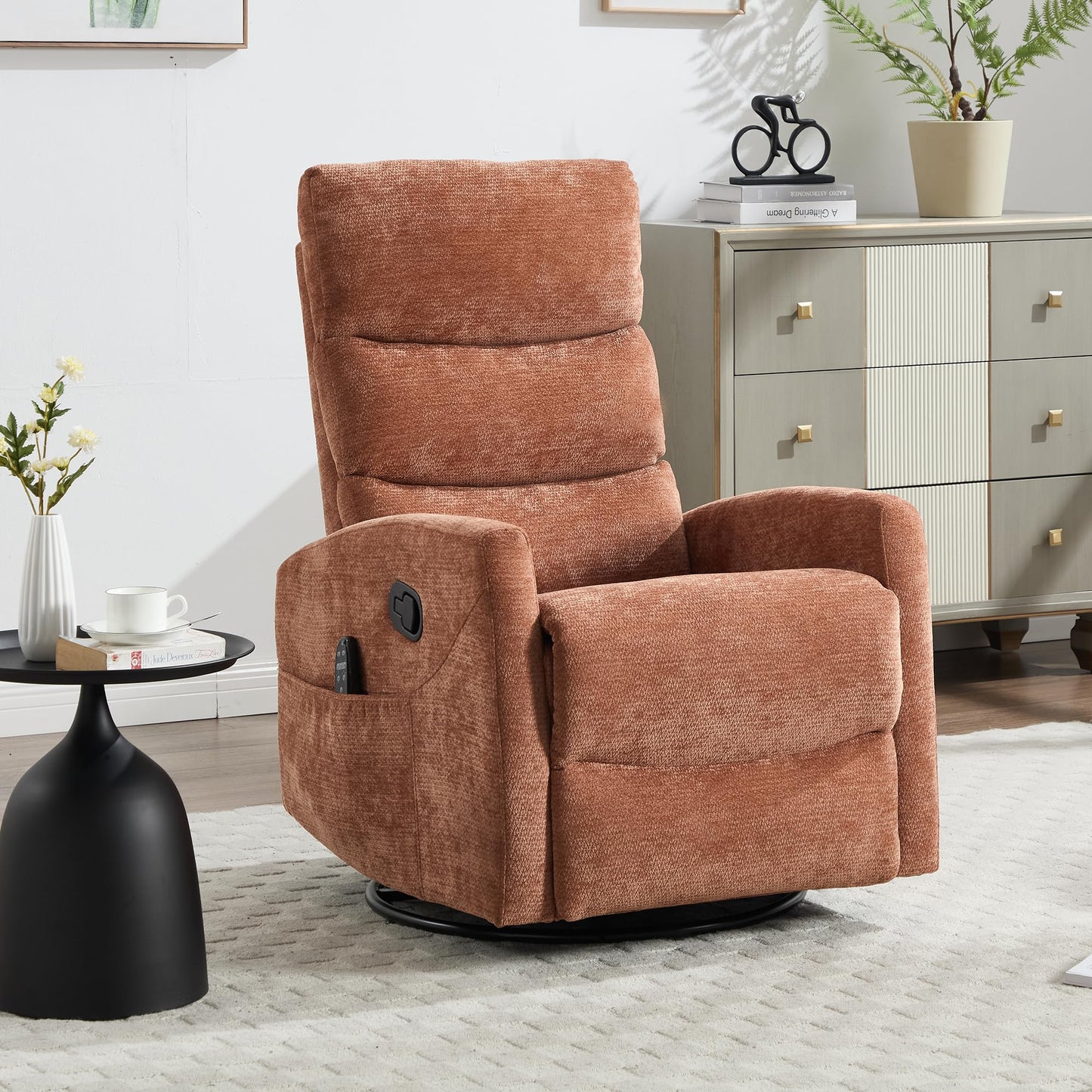 GDFStudio Heat Massage Manual Recliner Chair with Rocking and 360° Swivel, Chenille Fabric Recliner Chair with Lumbar Heat, 8-Point Vibration Massage, 155° Reclining Chair for Living Room, Orange