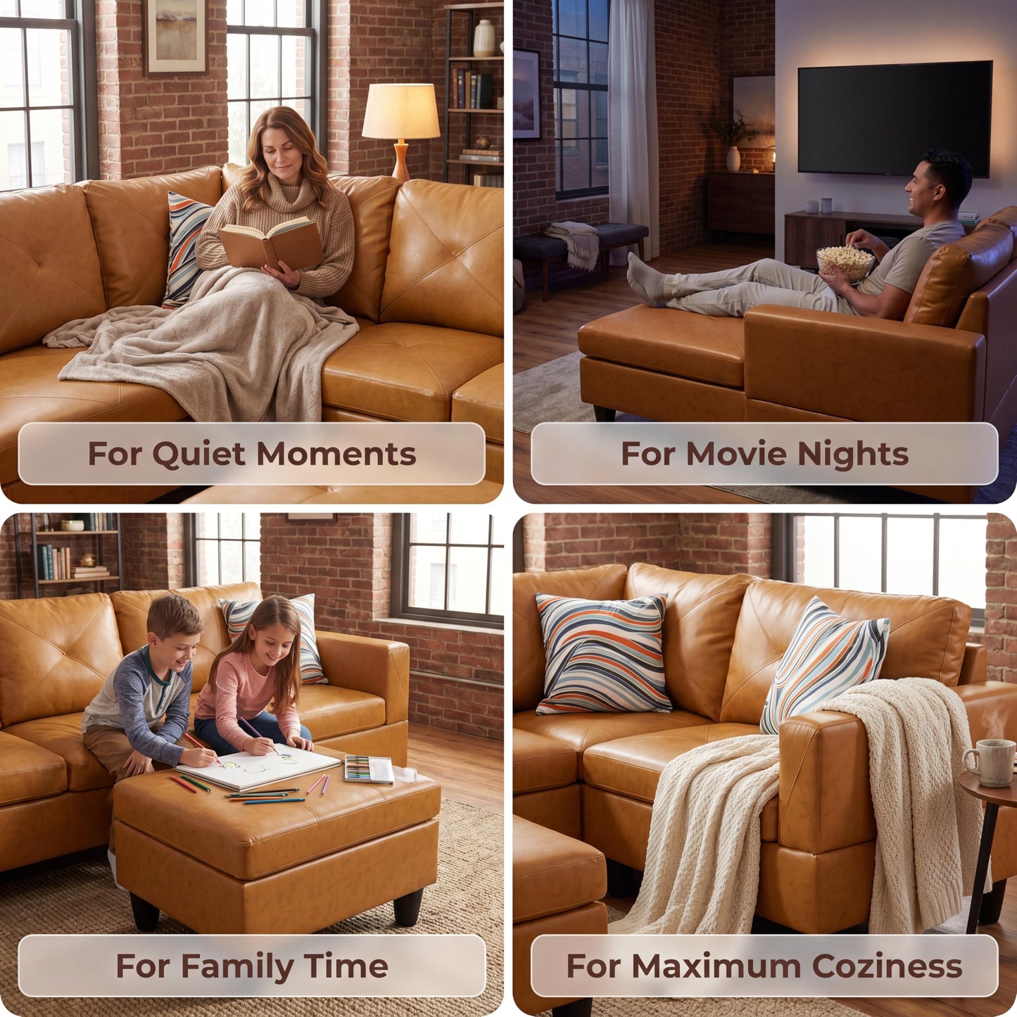 Topcomfy Leather L Shaped Sectional Couches for Living Room - 97.5“ x 66.5" Modular Sectional Sofa with Storage Ottoman, 4 Seat Home Sofa Living Room Furniture Sets with Chaise for Apartment, Ginger