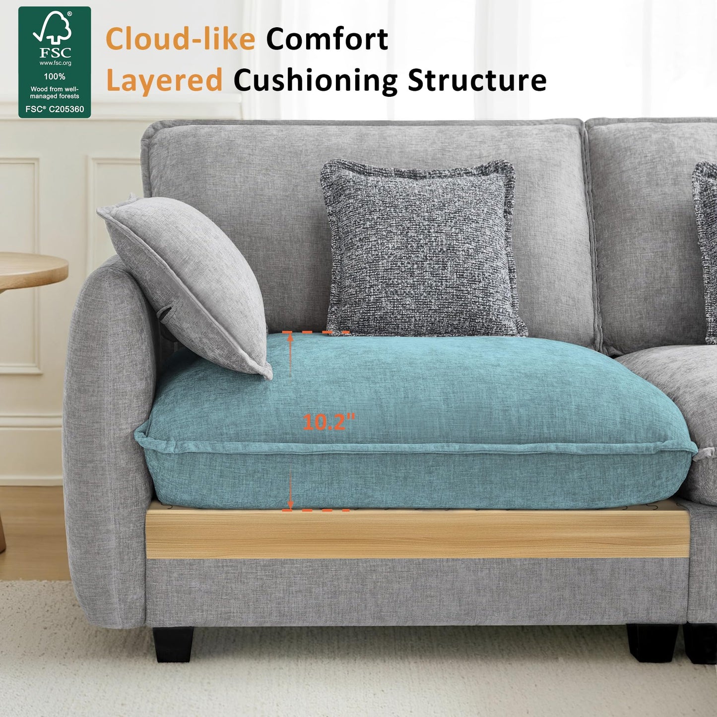 MCombo 117" Oversized Cloud Sectional Couch, Sectional Sofa with FSC Certified, L Shaped Couch with Ottoman for Living Room, Chenille S0701 (Grey)