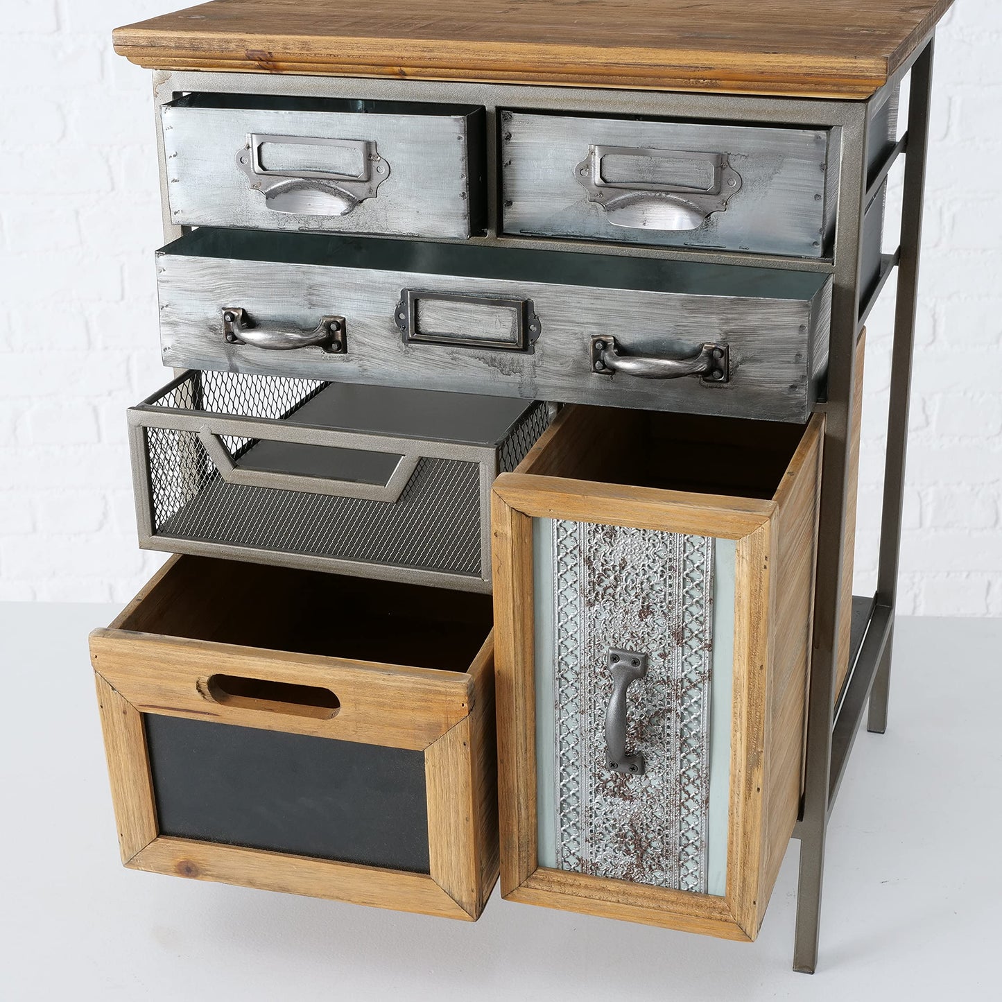 WHW Whole House Worlds Industrial Chic Multi Drawer Nightstand, 3 Drawers and 3 Utility Bins, Reclaimed Vintage Style, Iron, Screening, Galvanized Metal, Wood, 21.75 Inches Tall (55 cm)