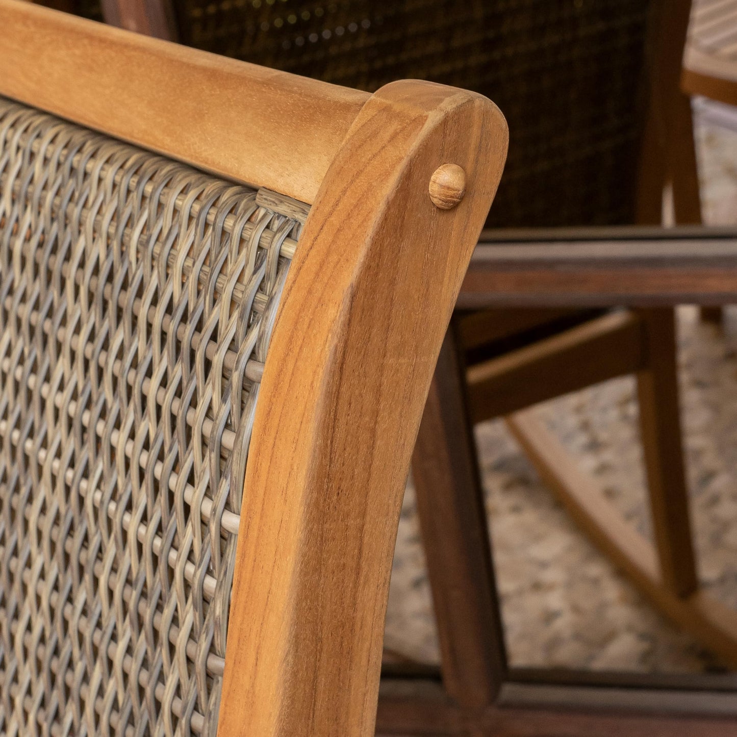 Cambridge Casual Dunham Teak Outdoor Conversation Chat Set Includes 2 Padded Woven Seat Porch Rocking Chairs & Side Table, Wicker & Quick-Dry Foam