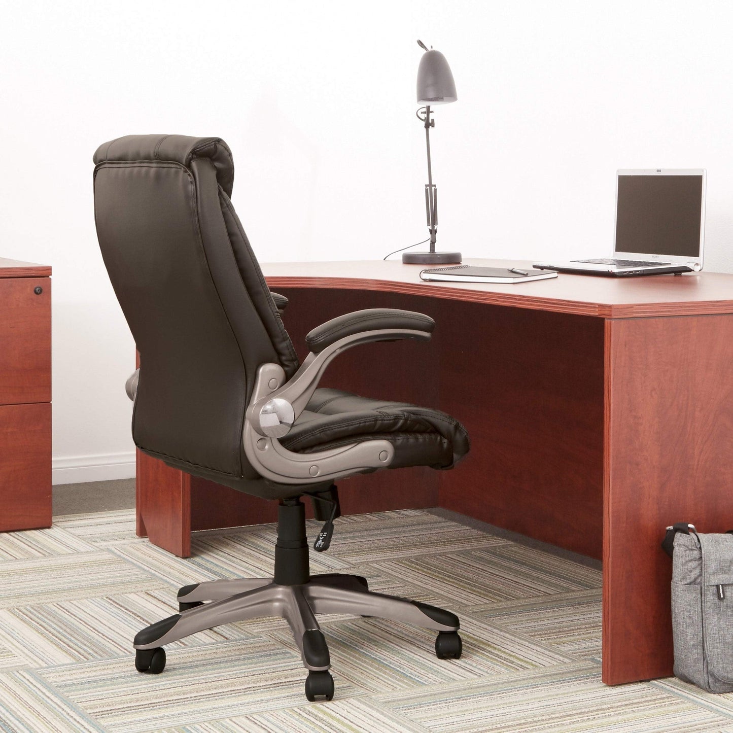 Office Star FL Series Faux Leather Mid-Back Manager's Office Chair with Padded Flip Arms, Espresso with Cocoa Base