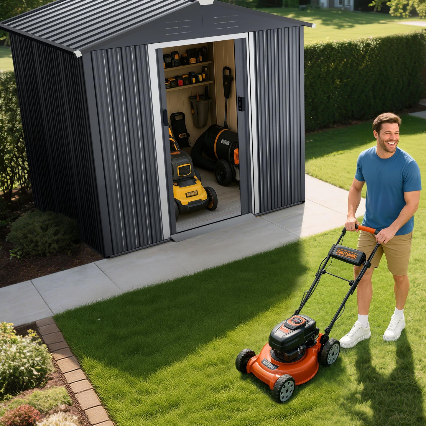 Nuu Garden 6 x 4 FT Garden Storage Shed with Sliding Doors, Galvanized Sheet Tool Shed with Sloping Roof, Anti-Corrosion Garden Shed with Air Vents for Backyard Patio Lawn, Black