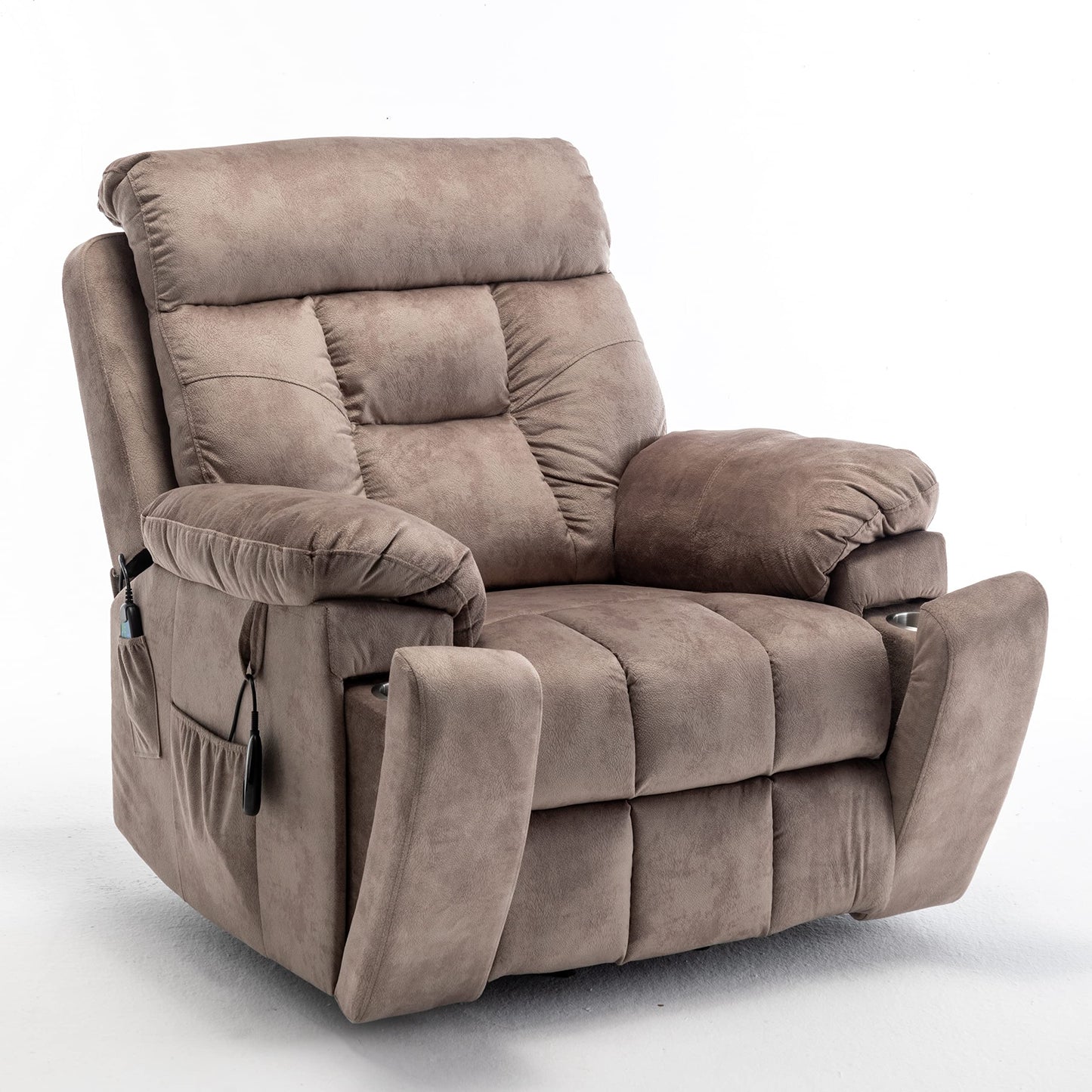 Power Lift Recliner Chair with Heat and Massage Oversized Electric Reclining Sofa Chair Wide Seat Living Room Recliner with Cup Holders for Adults, Light Brown