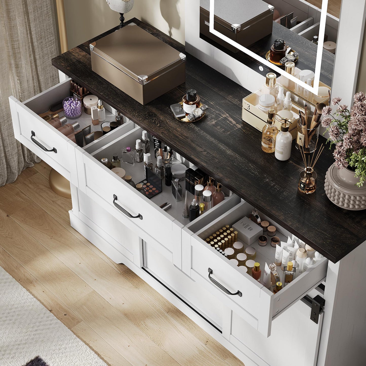 GarveeHome 47.2 in Farmhouse Buffet Cabinet, Sideboard Cabinet with LED Mirror, White Coffee Bar with 6 Drawers for Dinning Room, Kitchen, Living Room
