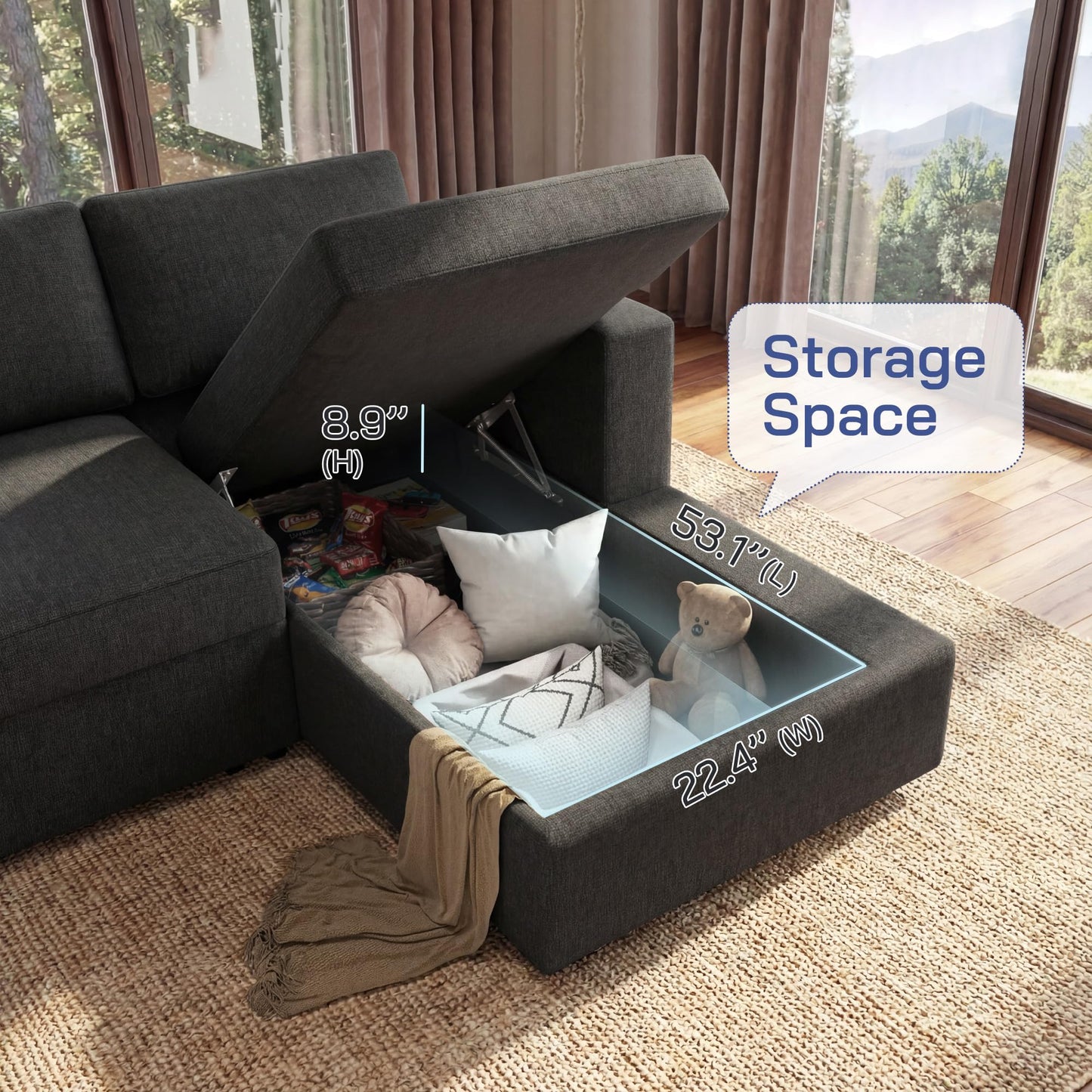 Leathaire 111 Inch Sectional Sleeper Sofa with Pull Out Bed, U Shaped 6 Seat Modular Sectional Couch with Storage for Living Room, Dark Grey