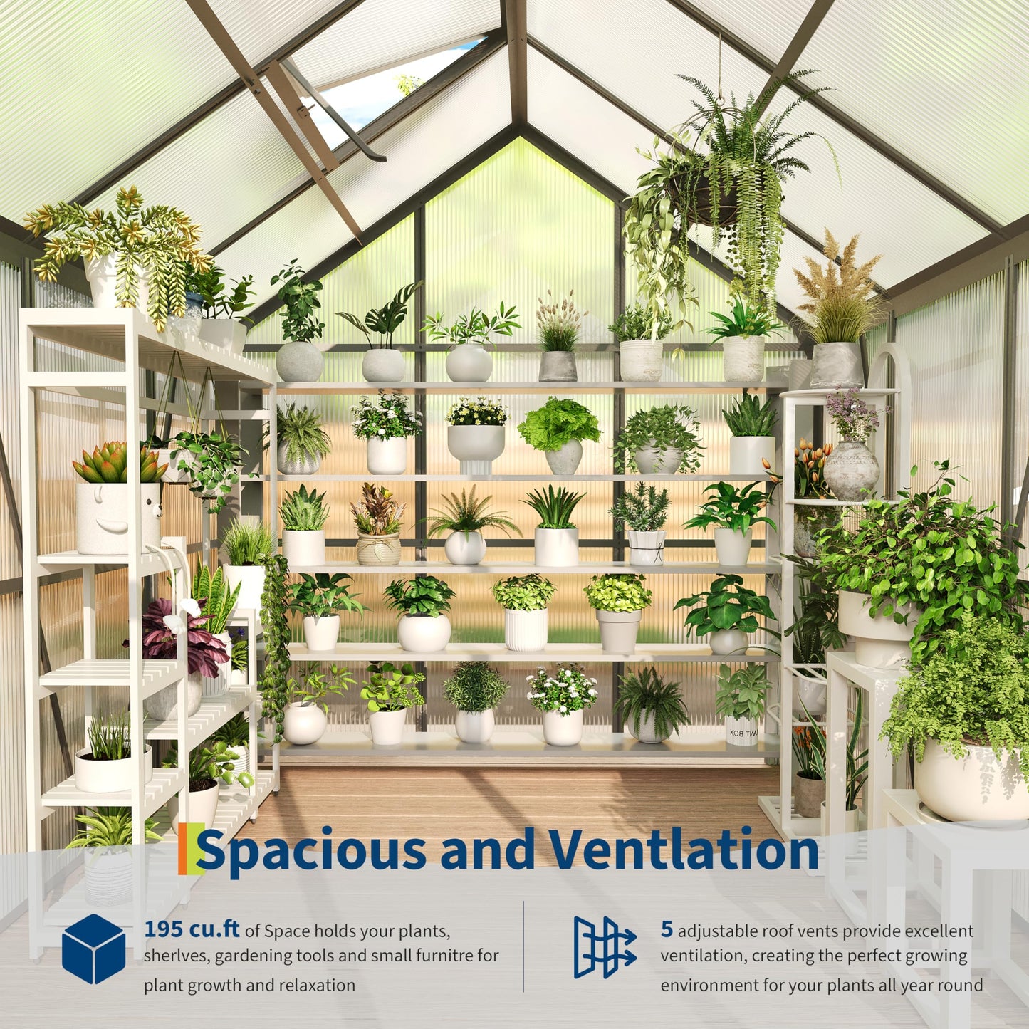 GarveeHome 6x6 FT Walk-in Polycarbonate Greenhouse - Heavy Duty Aluminum Frame with Base Kit, 4mm Double-Wall UV Protected Panels, 5-Position Adjustable Roof Vent & Sliding Door, Winter Plant House