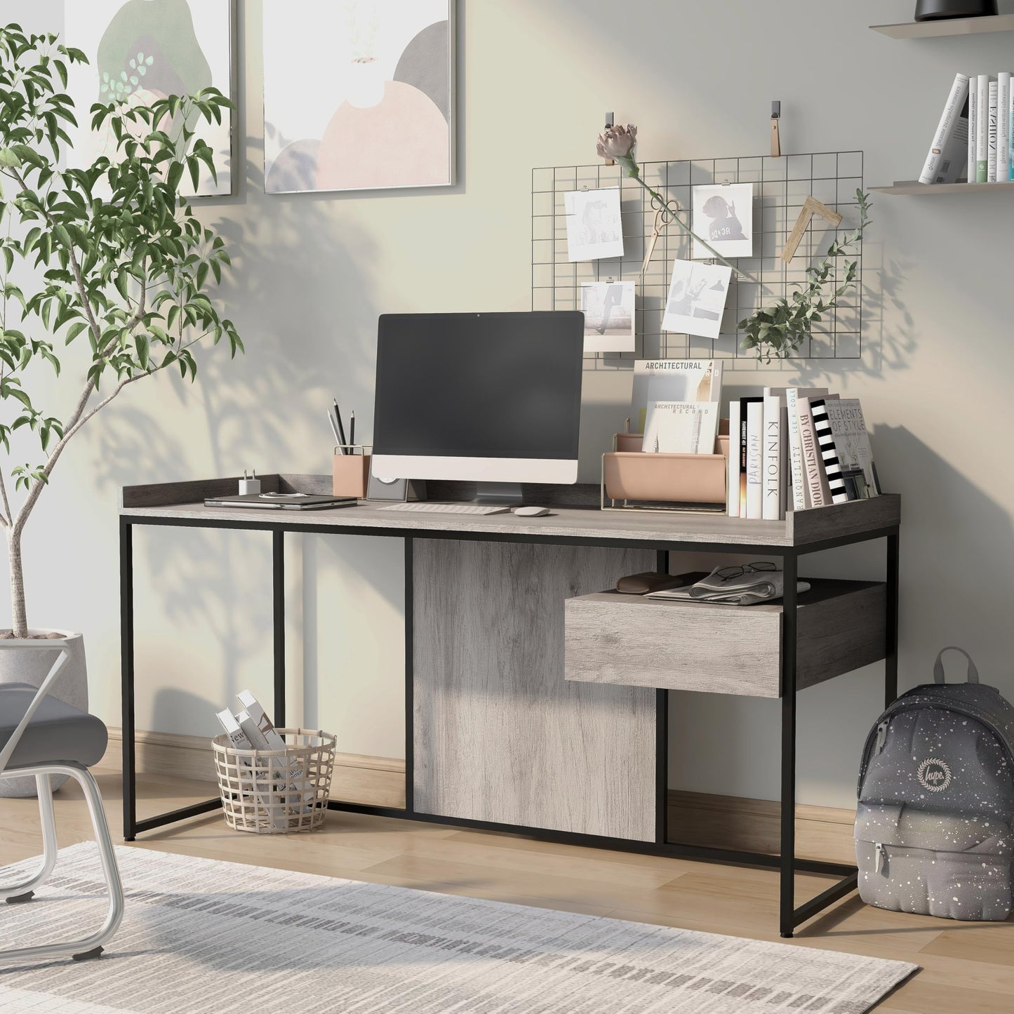 24/7 Shop at Home Lochlan Industrial 1 Drawer Metal Writing Desk with USB Port, Power Outlet, 1 Shelf for Workstation, Home Office, Study Room, Matte Black and Light Gray