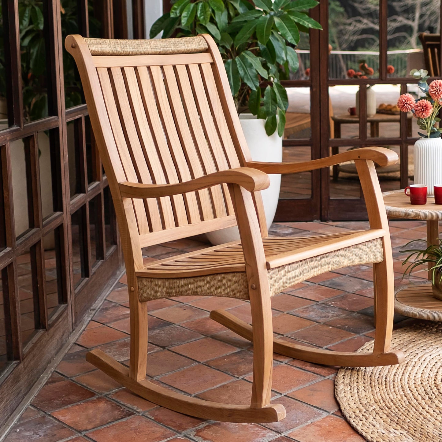 Cambridge Casual Marrakesh 3-Piece Teak Rocking Chair Conversation Set – Solid Wood Patio Seating with Honey Twist Wicker & Side Table, Weather-Resistant Outdoor Furniture for Porch or Garden