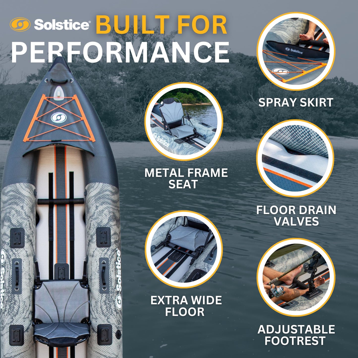 Solstice Inflatable Kayak Boat – Durable, Portable & Adventure-Ready, Heavy Duty PVC – Adjustable Seats, Accessory Mounts, Skeg & Pump Included, Fishing, 1-2 Person Tandem, Scout, Camo, 12'6"