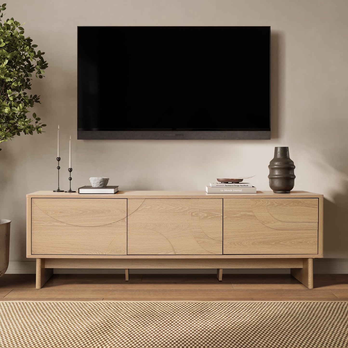 LuxenHome 59" Oak TV Stands for 65 Inch TV, Modern Entertainment Center for Living Room, Low Profile Wooden Media Console Cabinet with Doors for Bedroom, Light Wood TV Console Table