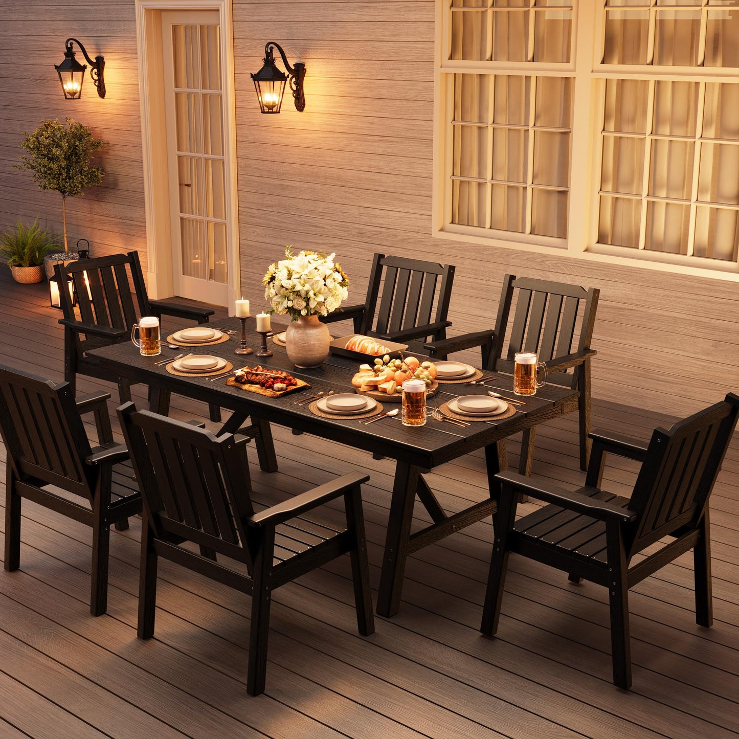 Garvee Outdoor Patio Dining Table Set for 6, 7 Piece Outdoor HDPE Dining Furniture Set with Umbrella Hole, Aluminum Frame, All-Weather Garden Table and 6 Chairs for Backyard Poolside, Black
