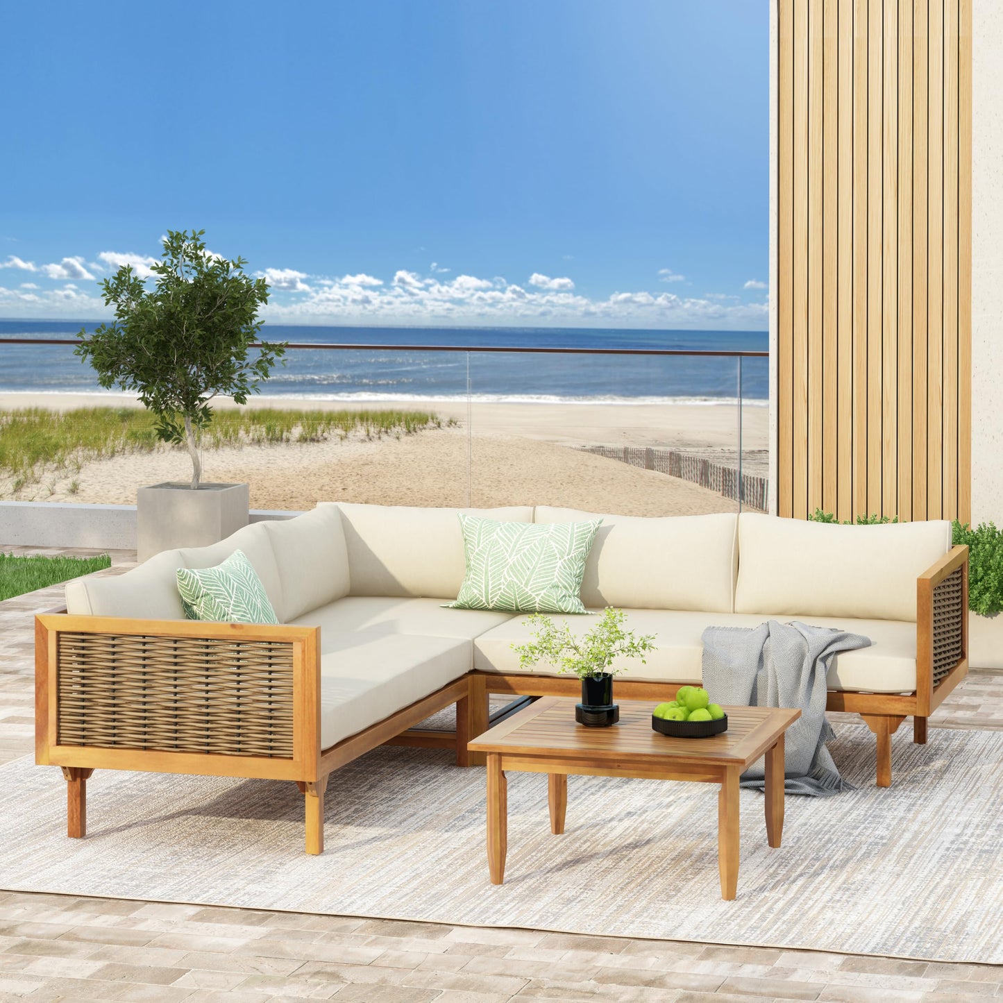 Merax Acacia Wood Outdoor Patio Furniture Set with L Shape Sectional Sofa and Coffee Table for Garden, Backyard, Porch and Balcony