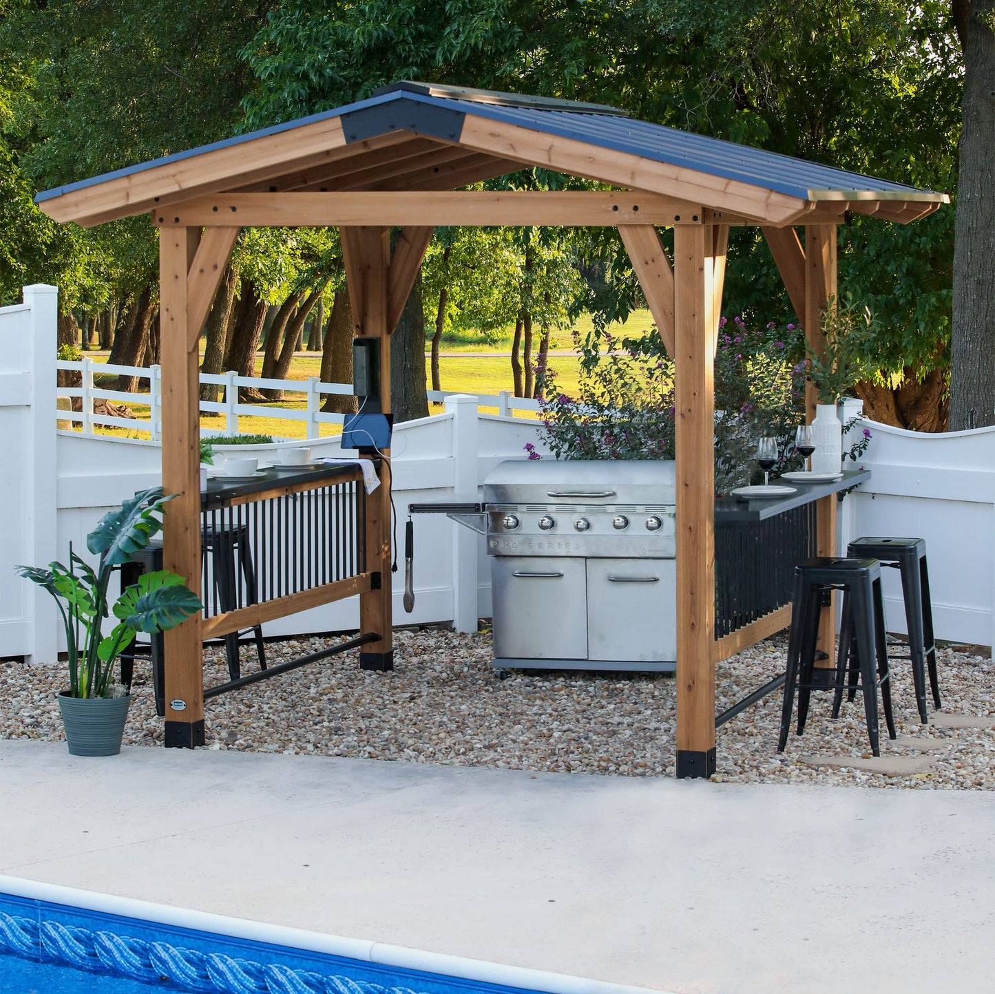 Backyard Discovery Granada 10' x 9' Cedar Wood BBQ Grill Gazebo Pavilion with Hardtop Galvanized Steel Roof, Bar Tops, Powerport, Snow Support, Wind Resistance, Cook Station for Outdoor Patio or Deck