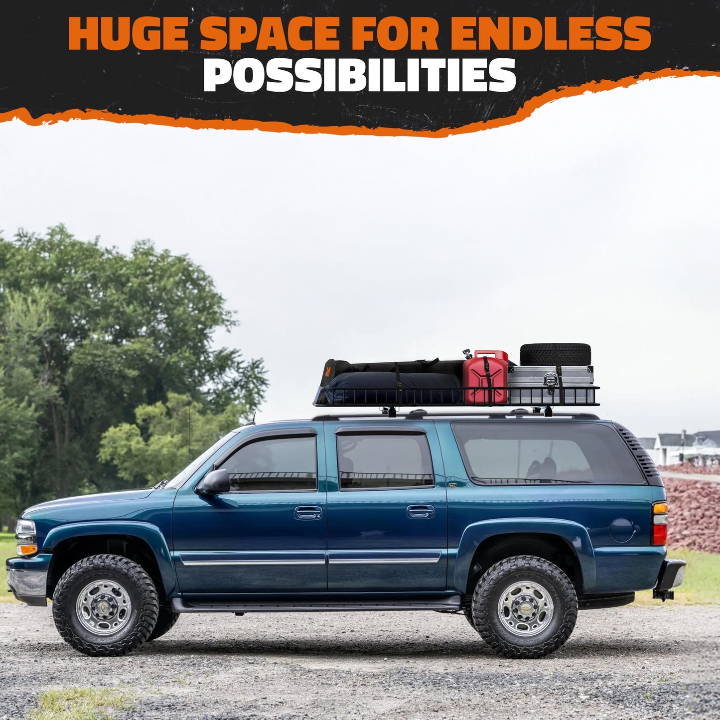 Mockins 90"x50"x6" XXL Heavy Duty Roof Rack Cargo Carrier for Top of Vehicle Storage | 250 Lbs. Cap Steel Car Roof Basket Set w/Straps | All-Weather Rooftop Cargo Carrier for SUV, RV & Large Vehicles