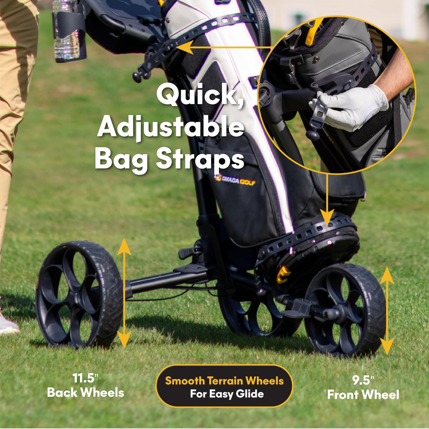 OMADA GOLF T2Lite Golf Push Cart | Lightweight, Ultra-Compact Folding Golf Cart | Large All Terrain Wheels | Umbrella Holder Included | Deep Storage Console | Adjustable Handle, Handbrake + Cup Holder